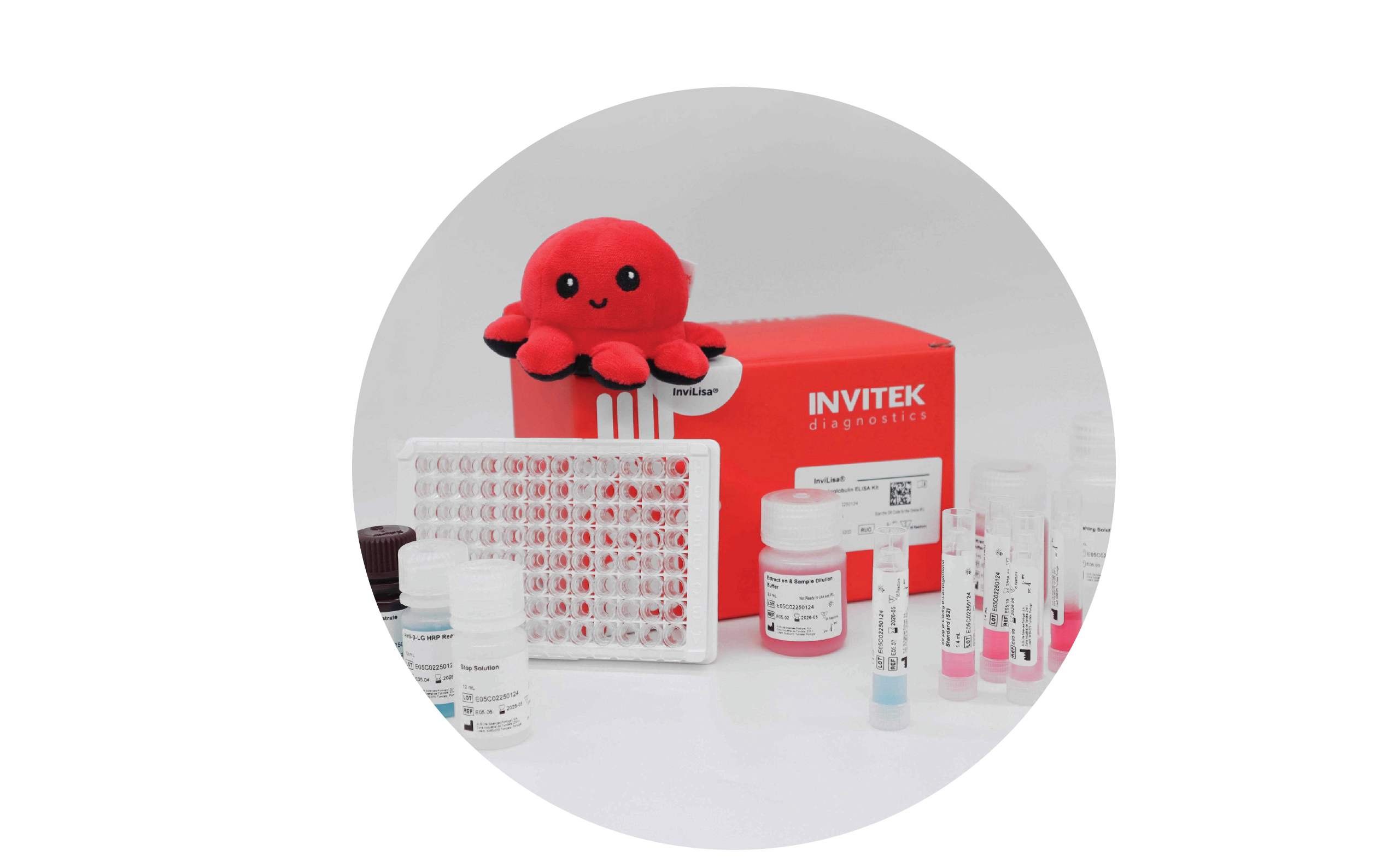 Red Invitek Diagnostics InviLisa β-Lactoglobulin ELISA Kit box behind a antibody-coated 96-well plate with reagent bottles in front. Regent bottles and reagent vials arranged next to the box.