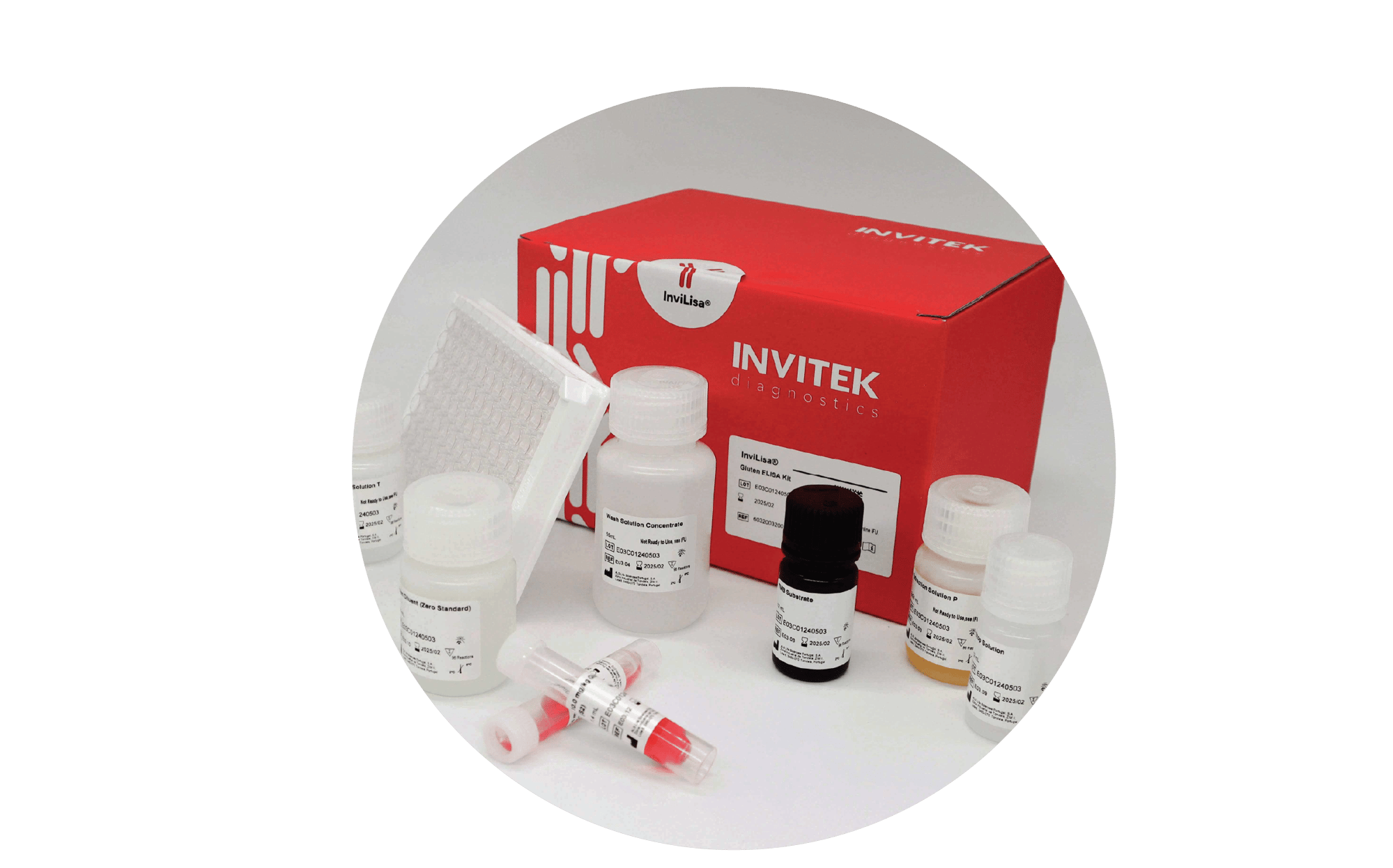 Red Invitek Diagnostics InviLisa Gluten ELISA Kit box behind multiple reagent bottles and an antibody-coated 96-well plate with reagent vials laying in front.