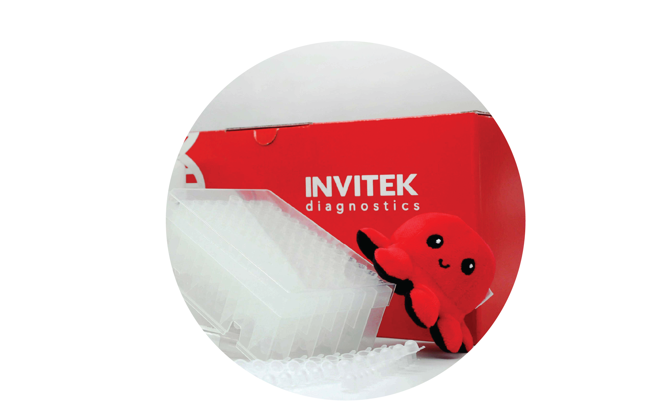 Red Invitek Diagnostics InviMag Blood DNA Mini Kit/ IG box behind reagent bottles, reagent tubes, and plastic ware.