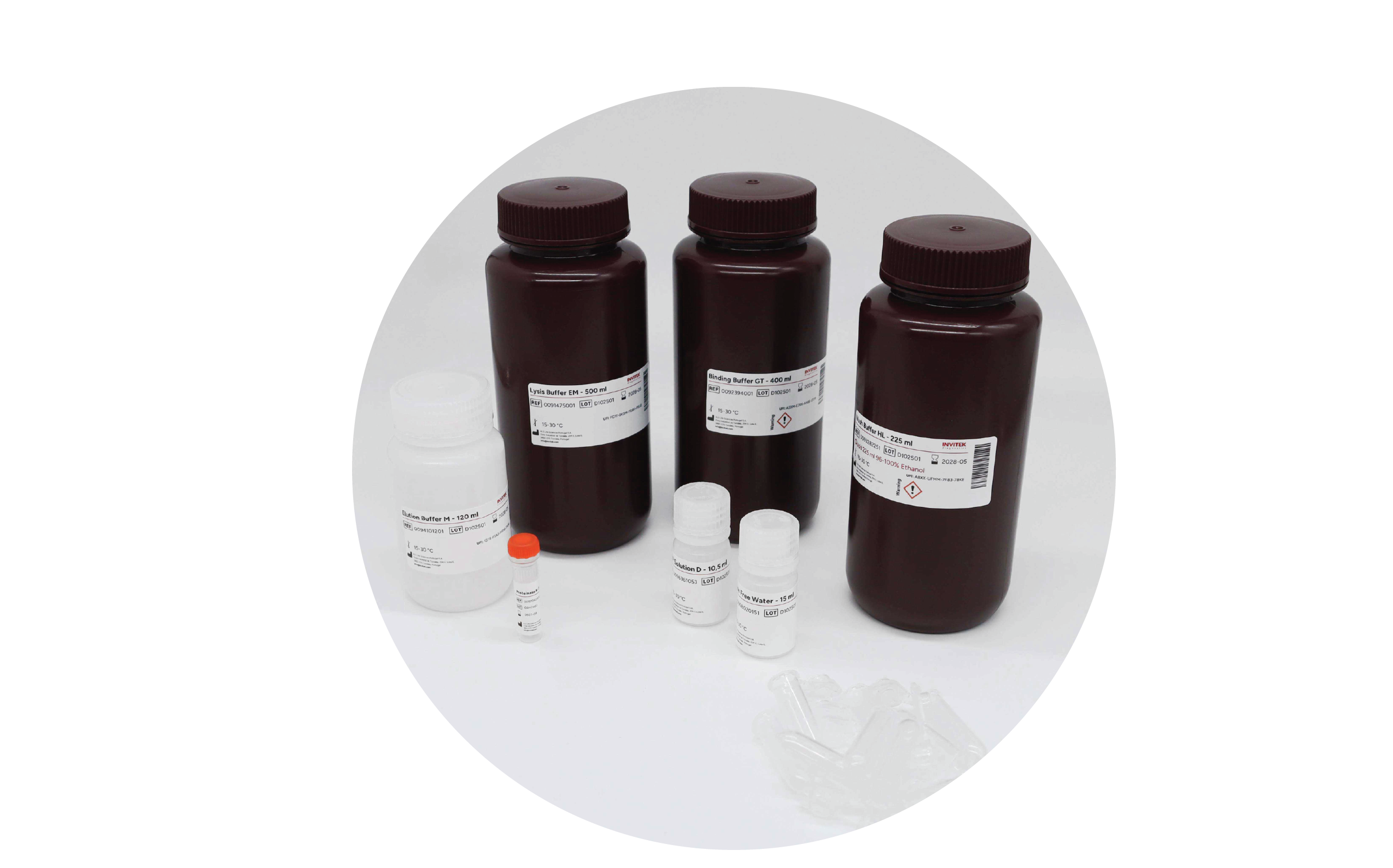 InviMag Food Kit: plush red octopus mascot “Invi” sits atop three large white reagent bottles (lysis, binding, wash buffers), with a smaller elution buffer vial, tiny Solution D tube, and clear conical tubes arrayed in front on a white background.
