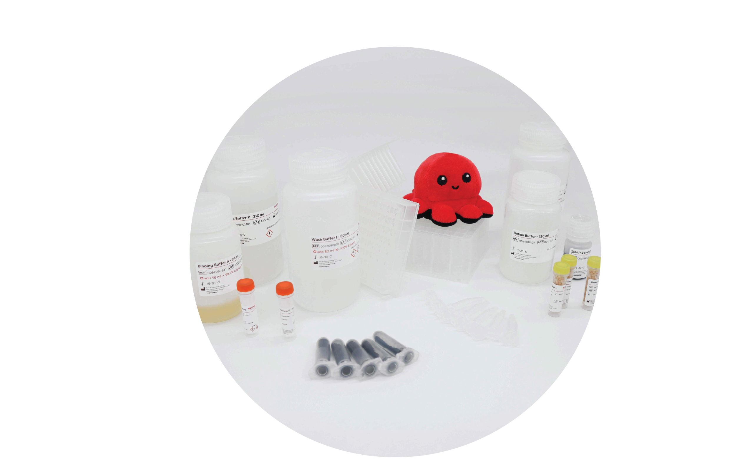 InviMag Universal KF96 kit: INVITEK’s red octopus mascot “Invi” sits on a clear 96-well plate, surrounded by white reagent bottles and small vials, with a red INVITEK diagnostics box behind.