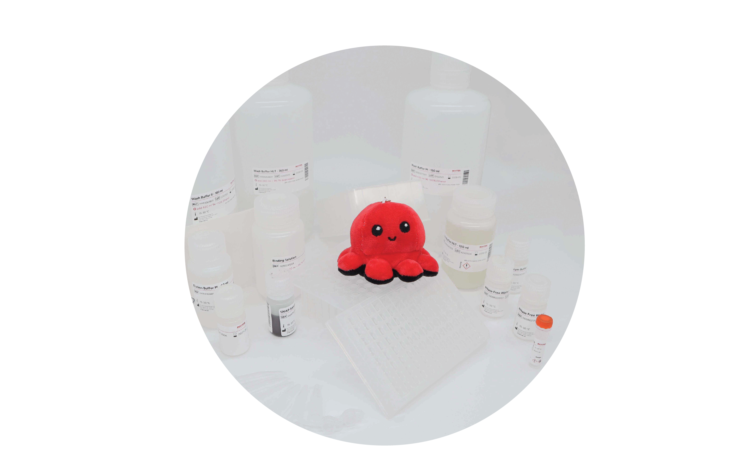  Red Invitek Diagnostics InviMag Universal Kit/ IG box behind reagent bottles, reagent vials, and 96 well plates with plastic ware laying in front.