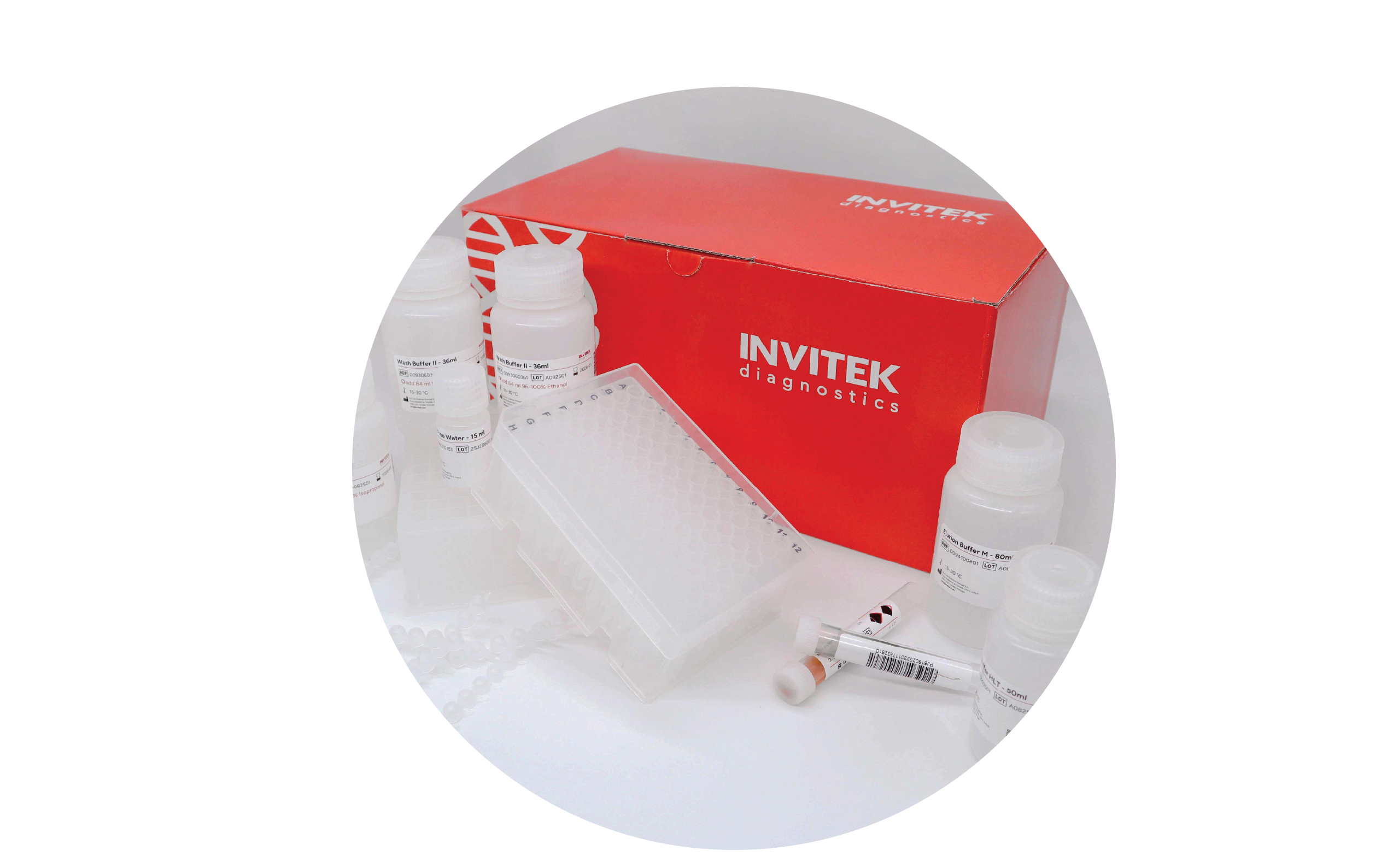 Red Invitek Diagnostics InviMag Universal Kit/ IG box behind reagent bottles, reagent vials, and 96 well plates with plastic ware laying in front.