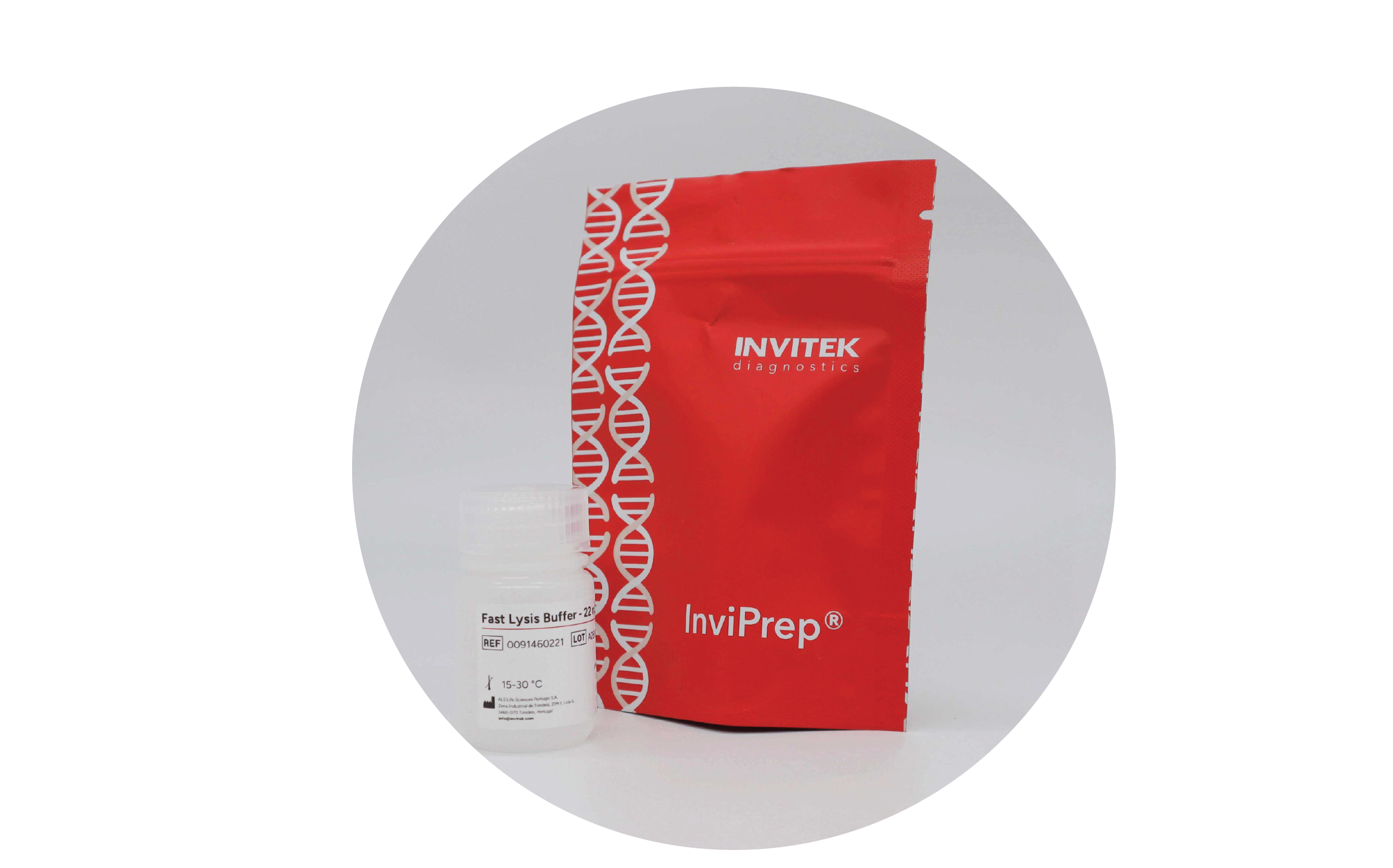 Invitek Diagnostics InviPrep Fast Lysis Buffer bottle in front of the red packaging bag.