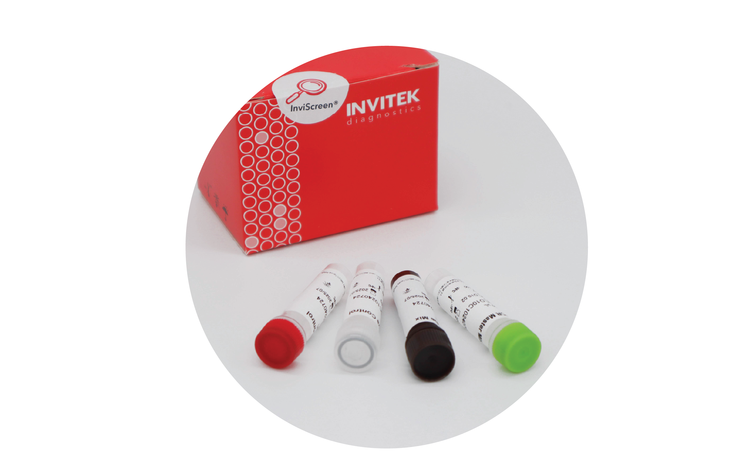 Red Invitek Diagnostics InviScreen Detection Kit box behind blue capped extraction control vials and color-coded RT-PCR component vials in front.