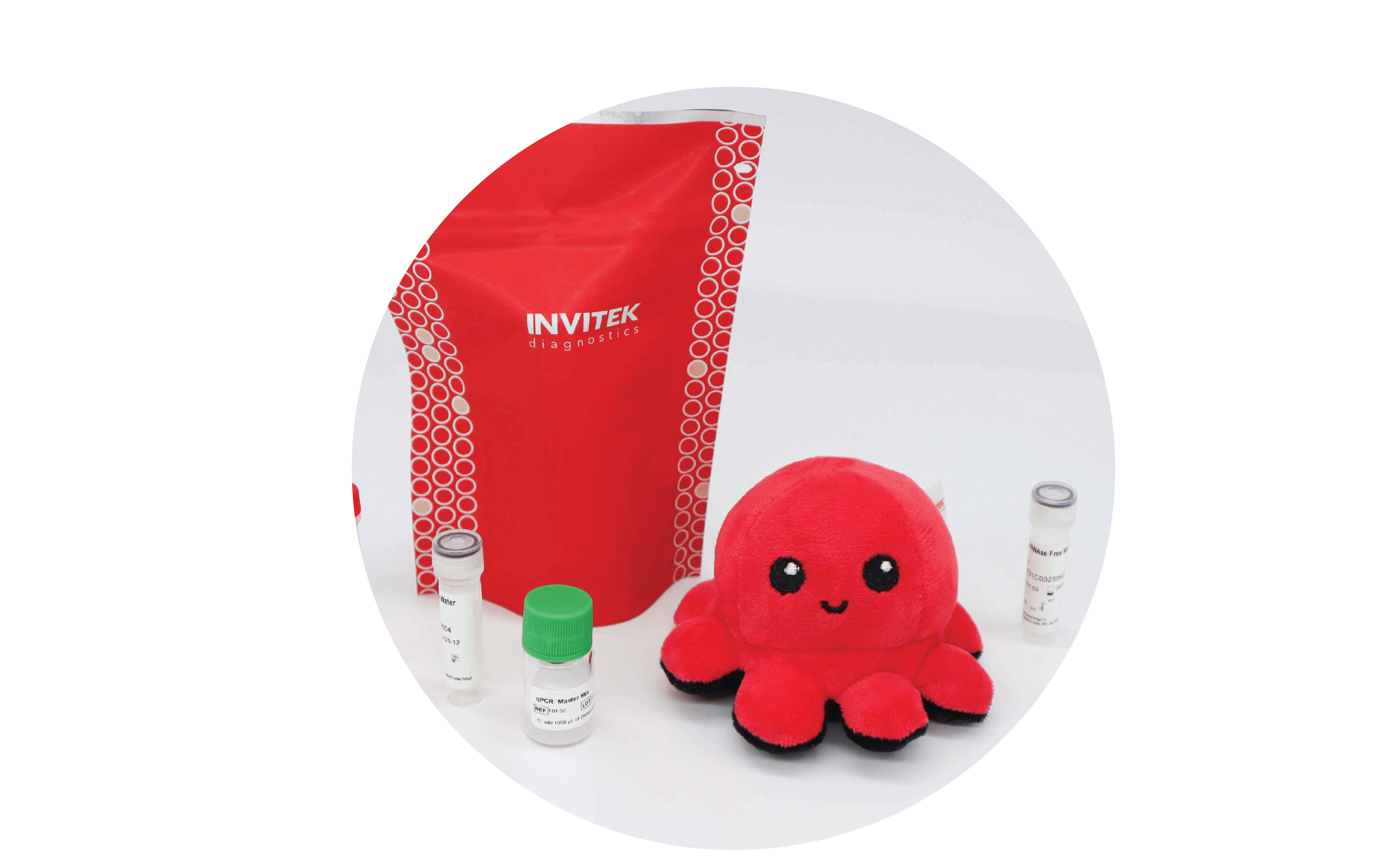InviScreen CaMV Detection LyoKit: red INVITEK pouch with white-circle pattern stands amid five small reagent vials (brown, red, grey, green, grey caps) and plush red octopus mascot “Invi,” all on a white background.