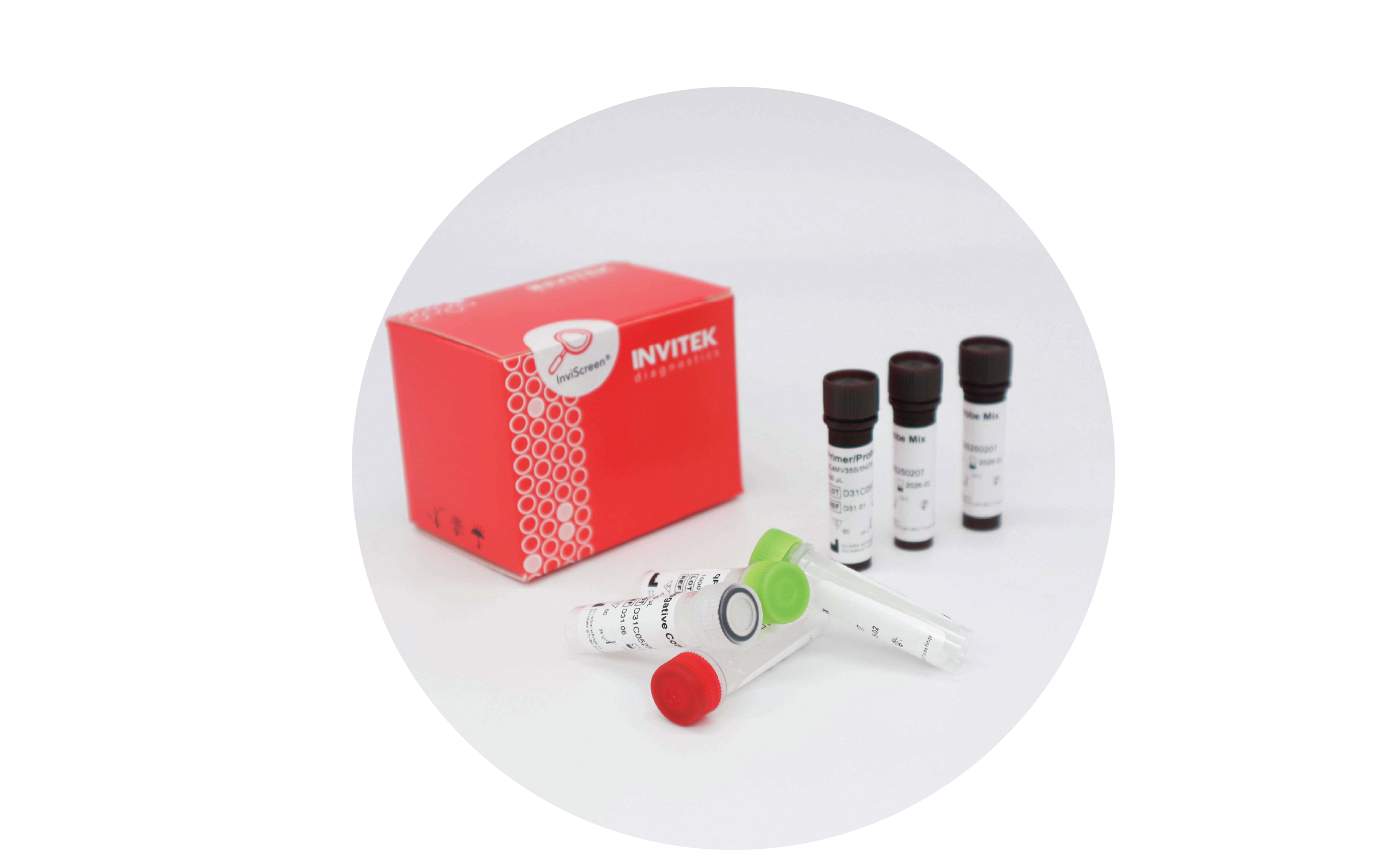Red Invitek Diagnostics InviScreen GMO Detection Kit (35S/NOS/FMV) box with color-coded PCR component vials laying in front and multiple tubes Primer/Probe Mix next to it.