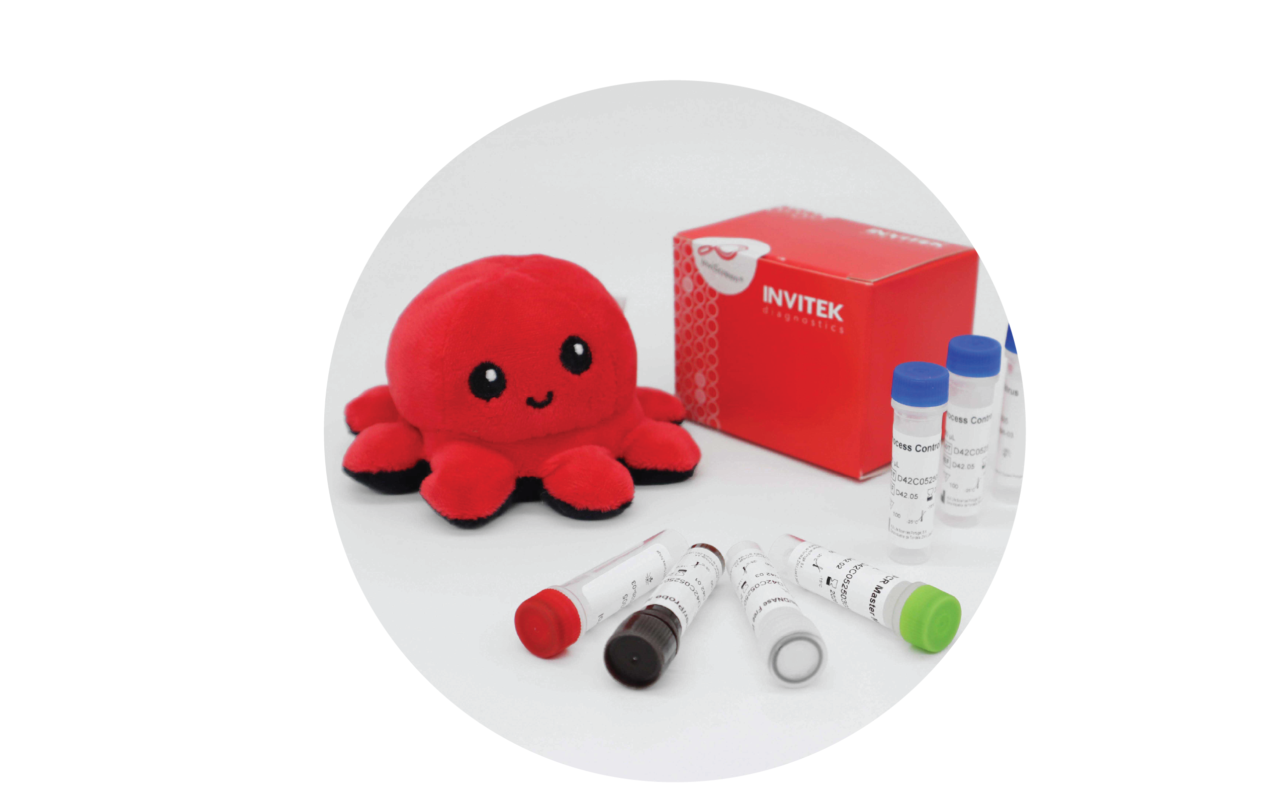 INVITEK InviScreen Hepatitis A kit: red diagnostics box with plush octopus mascot “Invi” behind five upright blue-capped control vials; four reagent vials (red, brown, grey, green caps) lie in front on white surface.