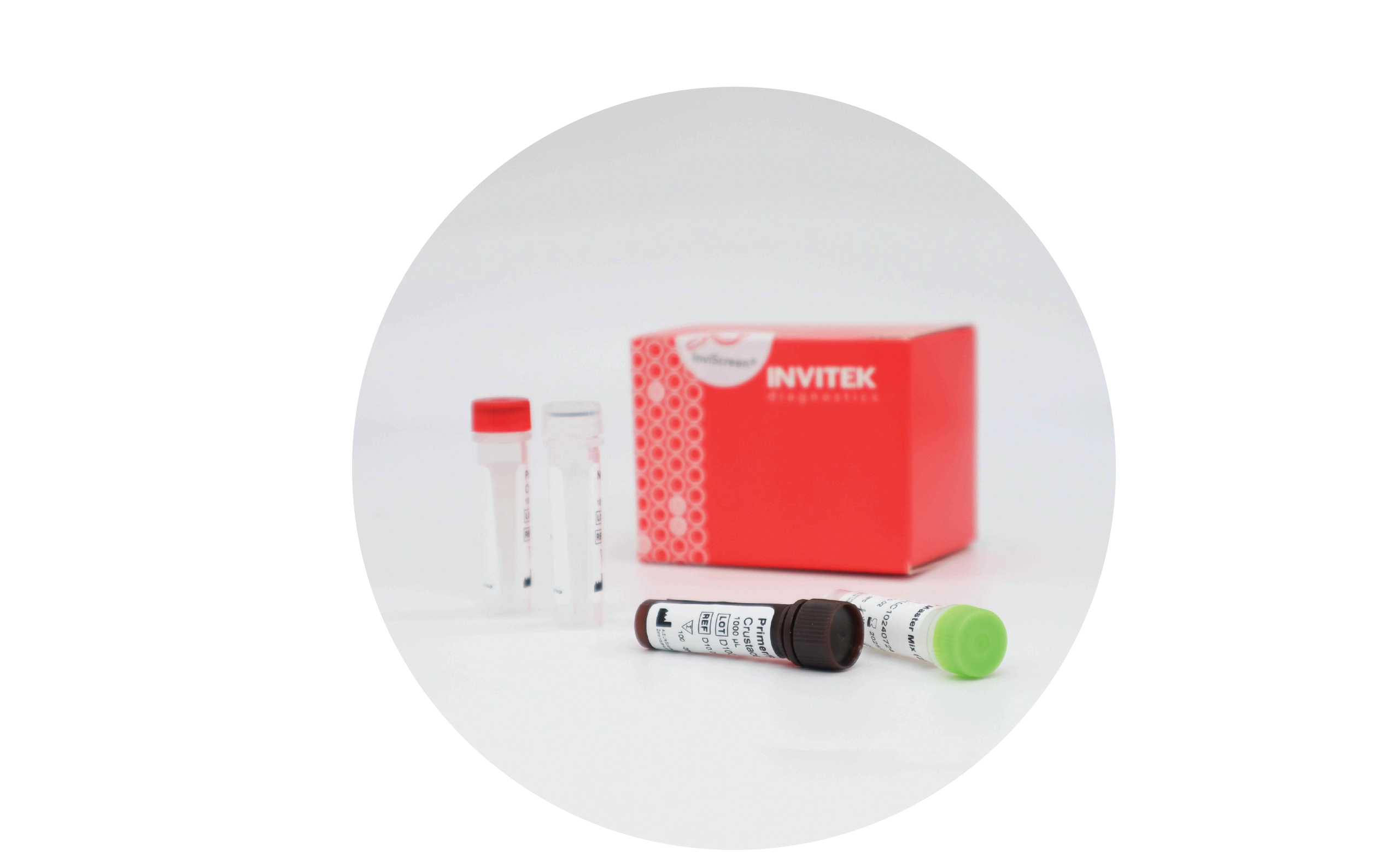 InviScreen IBDV kit: red INVITEK box behind two upright clear vials (red and grey caps) and two lying vials with brown and green caps on a white background.