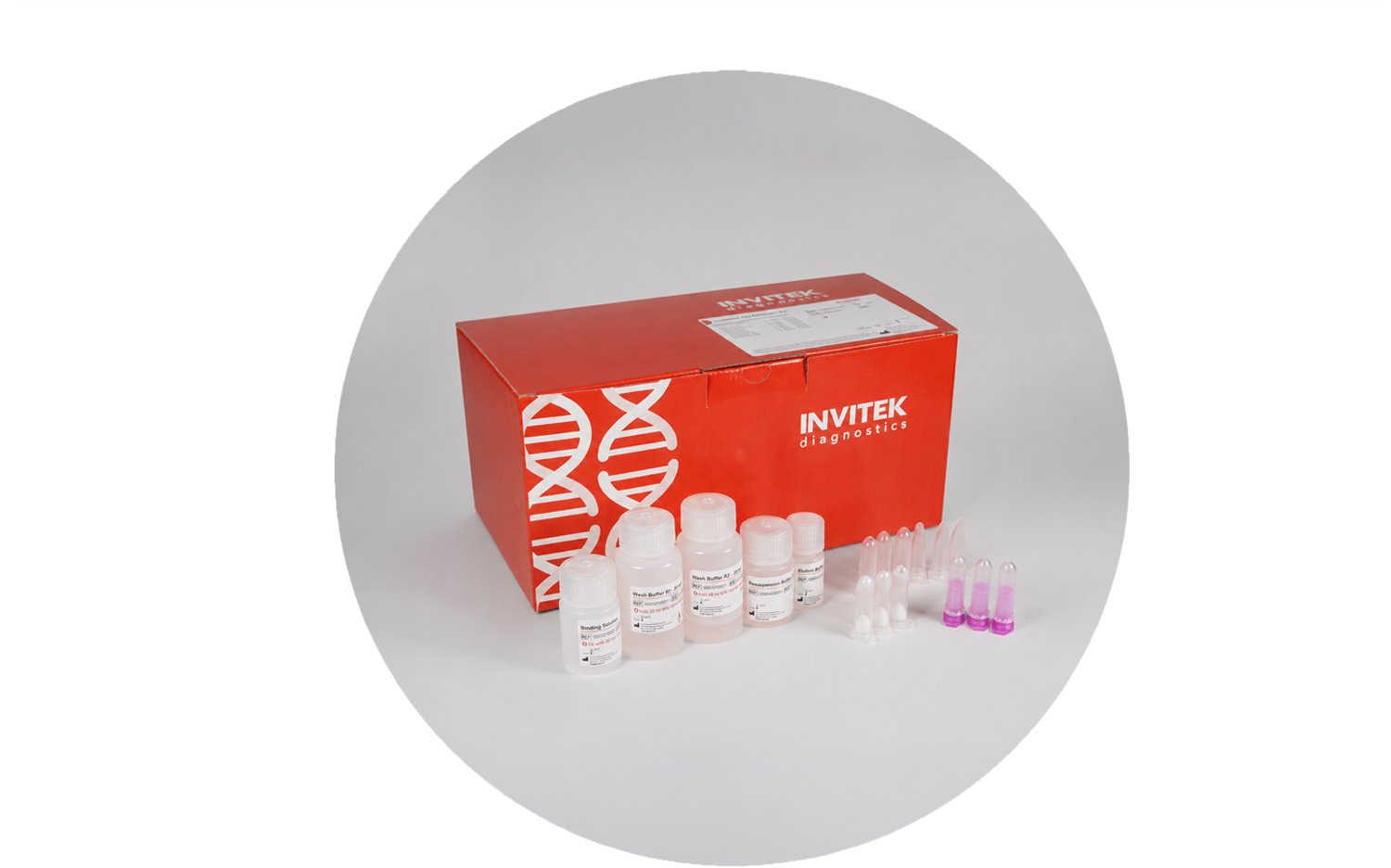 Red INVITEK Diagnostics pathogen extraction kit box with reagent bottles, spin columns, and sample tubes arranged in front on a light gray background.