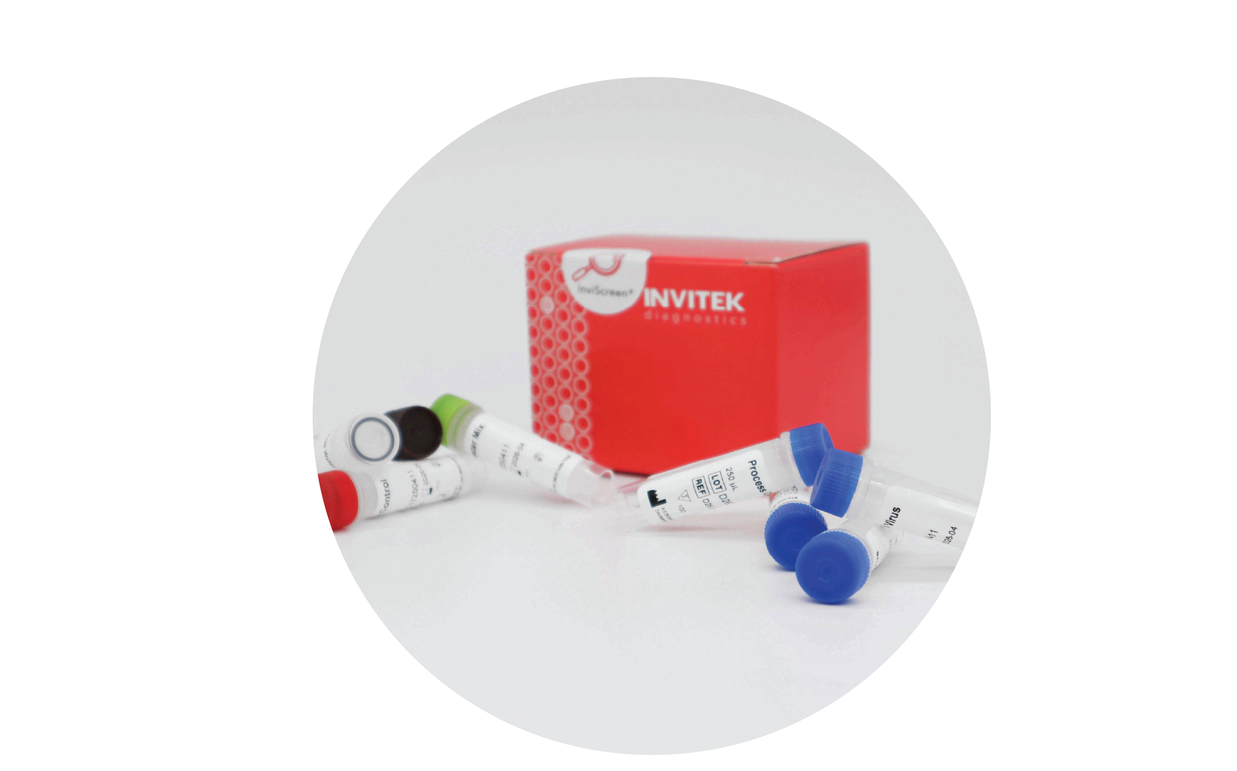 Red Invitek Diagnostics InviScreen Norovirus Detection Kit box behind blue capped extraction control vials and color-coded RT-PCR component vials in front.