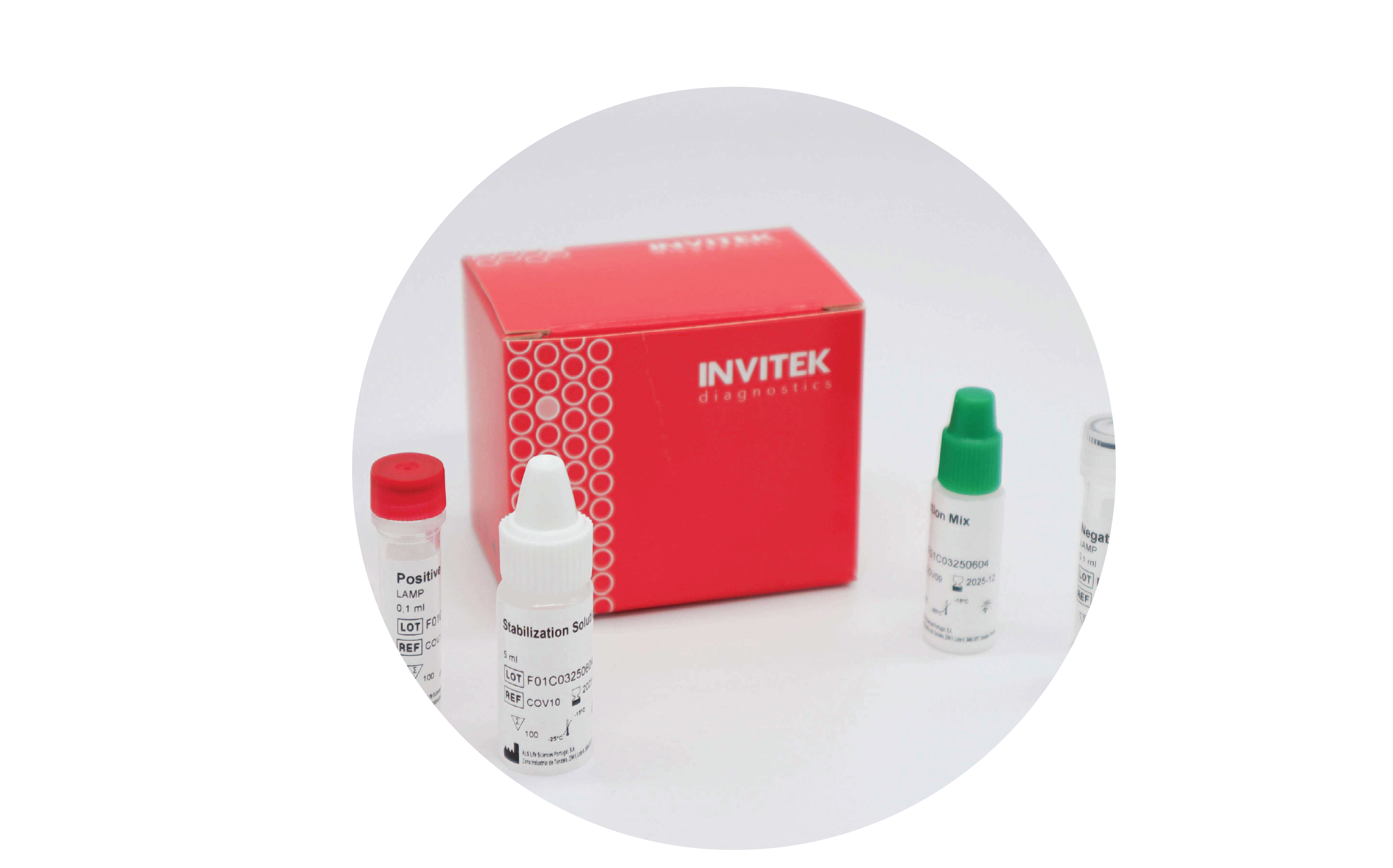 InviScreen SARS-CoV-2 RT-LAMP kit: red INVITEK diagnostics box behind four reagents—a red-capped positive-control vial, white dropper bottle of stabilization solution, green-capped reaction-mix tube, and grey-capped negative-control vial—set on a white background.