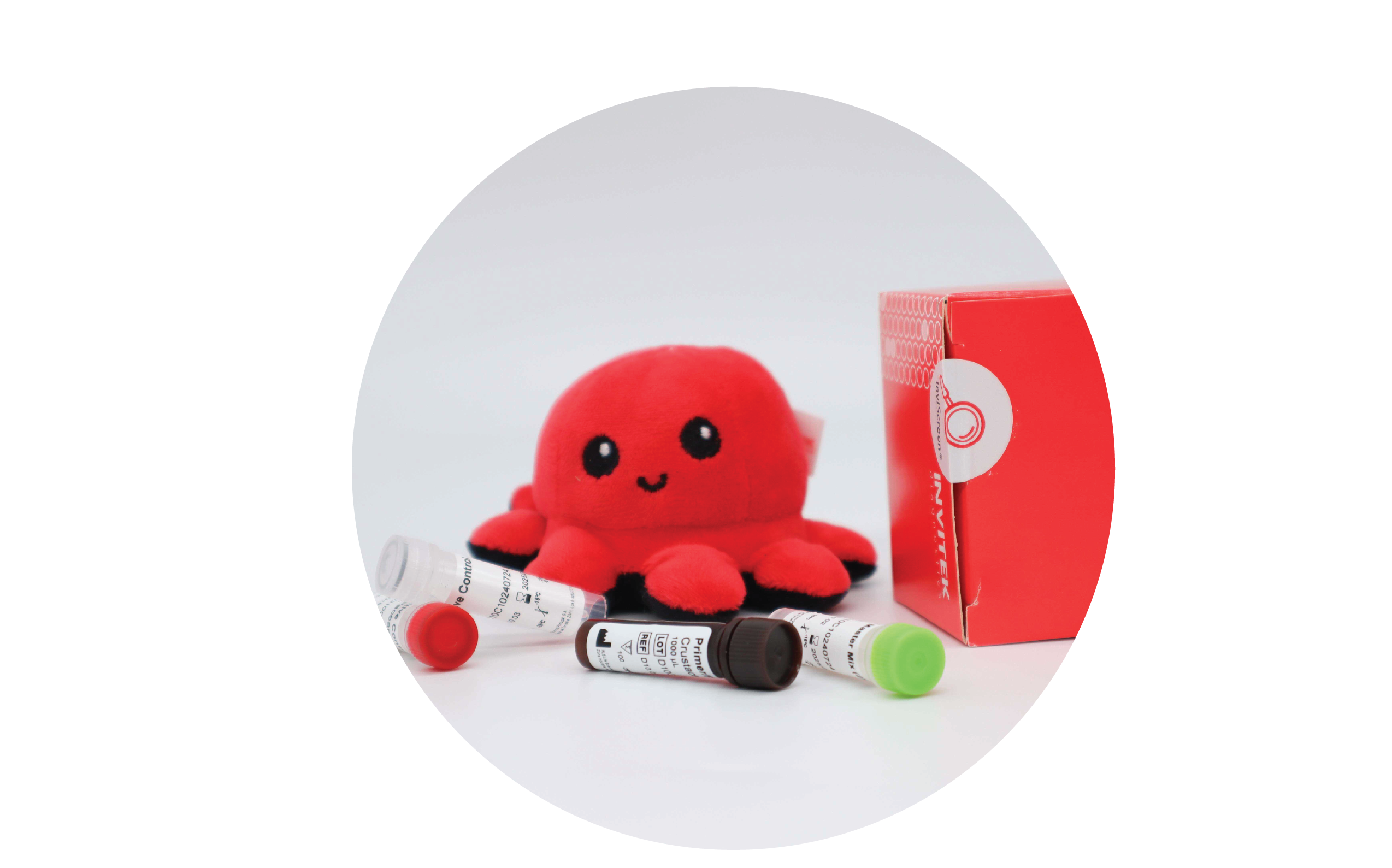 InviScreen SARS-CoV-2 surface test: Invi mascot, red diagnostics box, and five colour-capped reagent vials (red, grey, brown, green) on white surface.