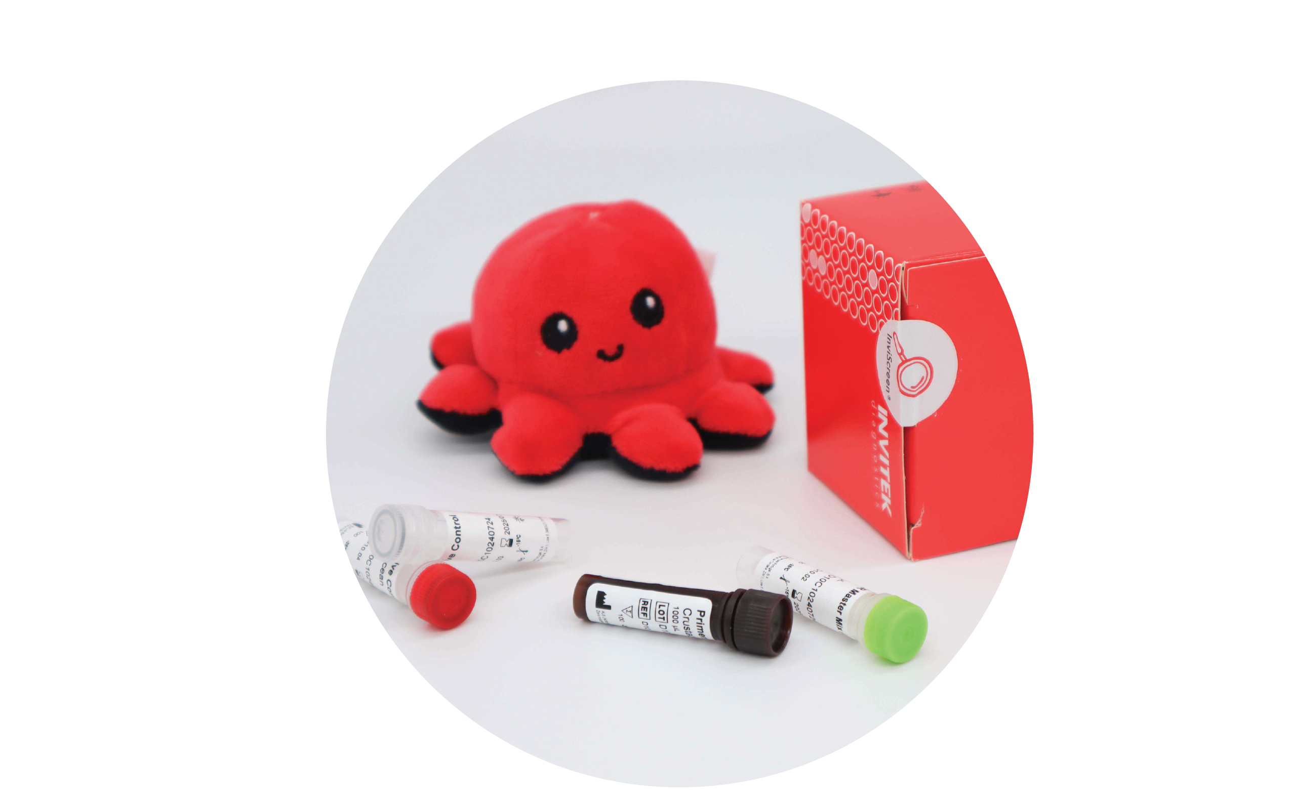 InviScreen SARS-CoV-2 wastewater test: red octopus, vertical INVITEK box, and assorted reagent vials with red, grey, brown and green caps on white.