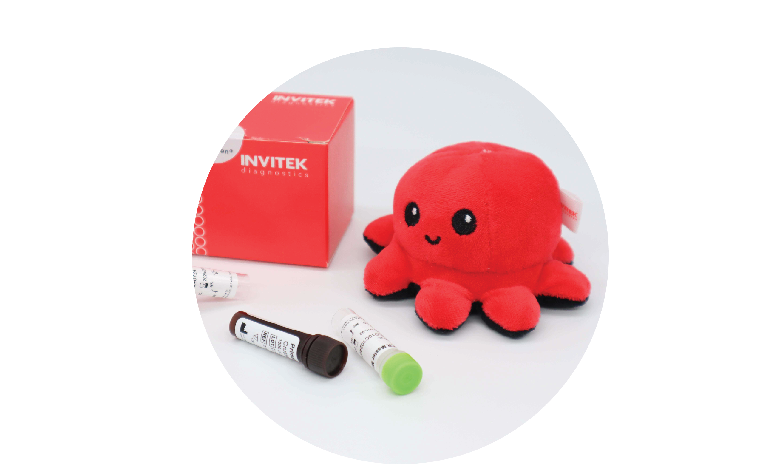 InviScreen SARS-CoV-2 Multiplex kit: INVITEK box and Invi mascot with reagent vials—red-capped control, brown tube, green-capped tube—scattered on white background.