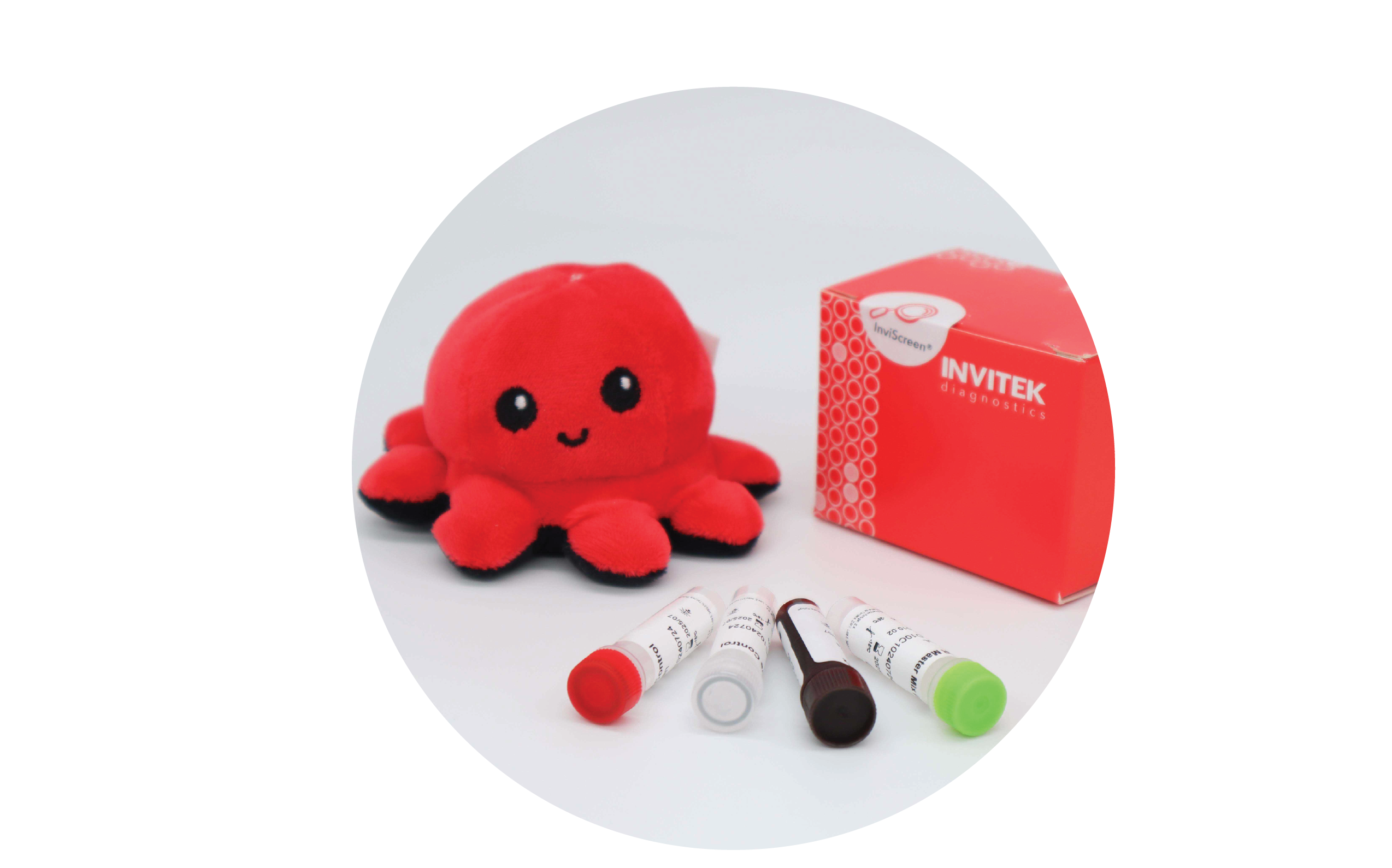 InviScreen STEC serotyping kit: similar scene—Invi mascot, red diagnostics box, and five reagent vials (red, grey, brown, green caps) across the foreground.