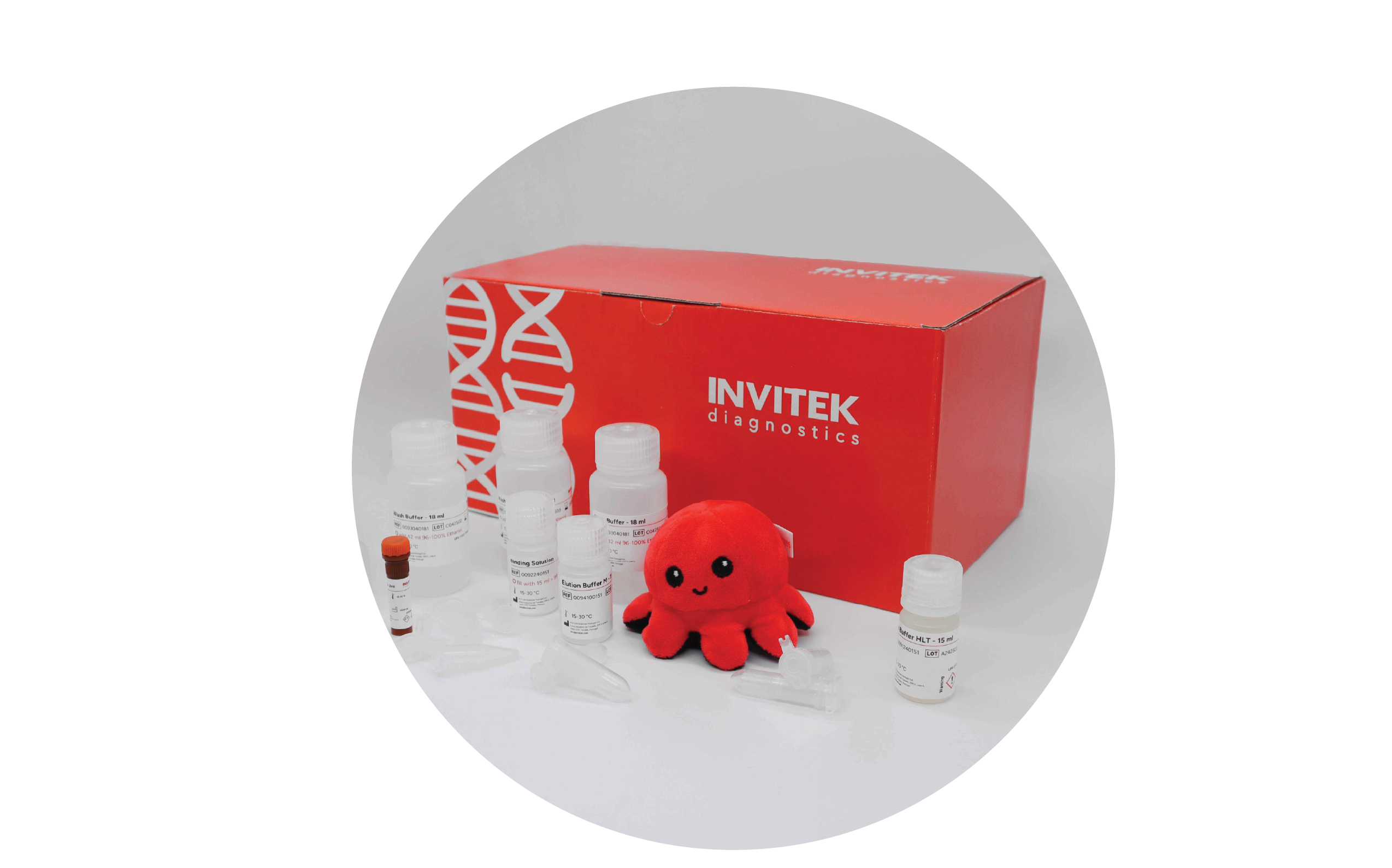 Red Invitek Diagnostics InviSorb Spin Blood Mini Kit box behind reagent bottles, reagent tubes, and tubes laying scattered in front.
