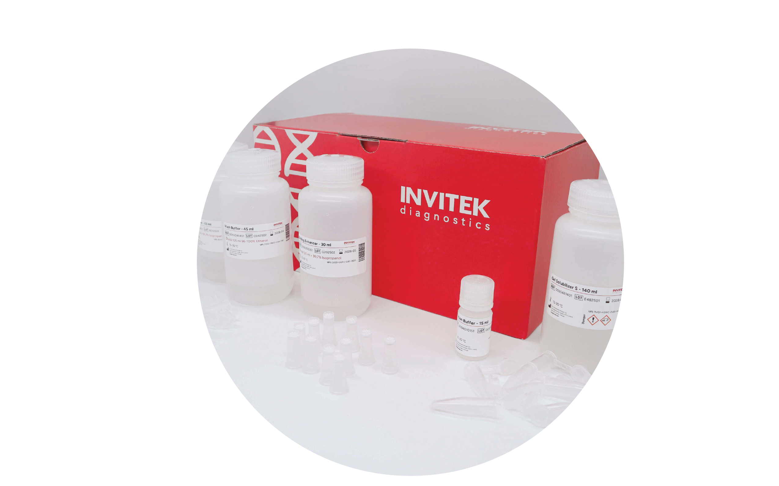 Red Invitek Diagnostics InviSorb Fragment CleanUp box behind reagent bottles with spin filters, and tubes laying scattered in front.