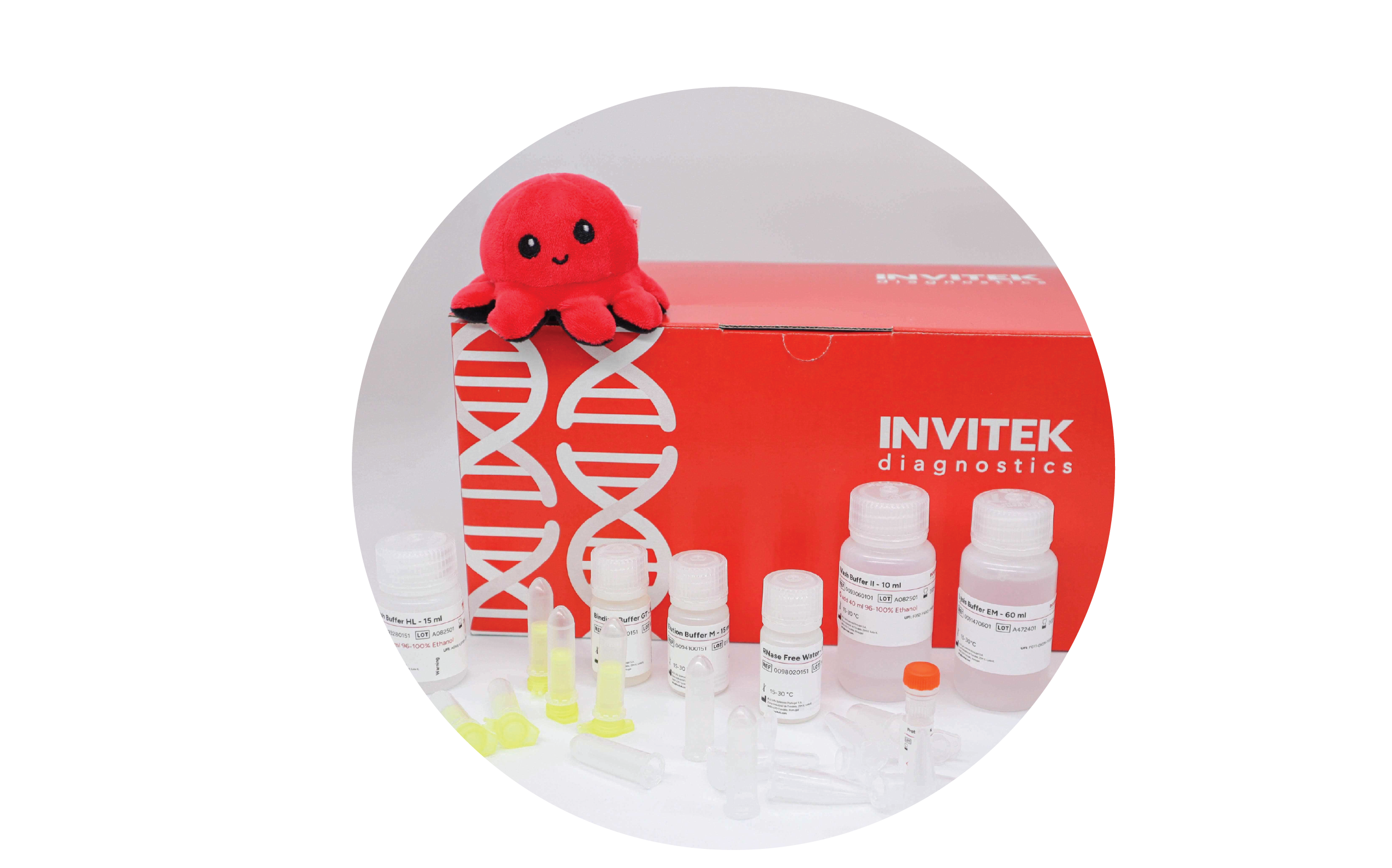 red INVITEK diagnostics box with a white DNA-helix graphic, topped by a small plush red octopus, and surrounded by assorted kit components—white reagent bottles, clear spin columns, yellow-tipped tubes, and a single orange-capped vial.