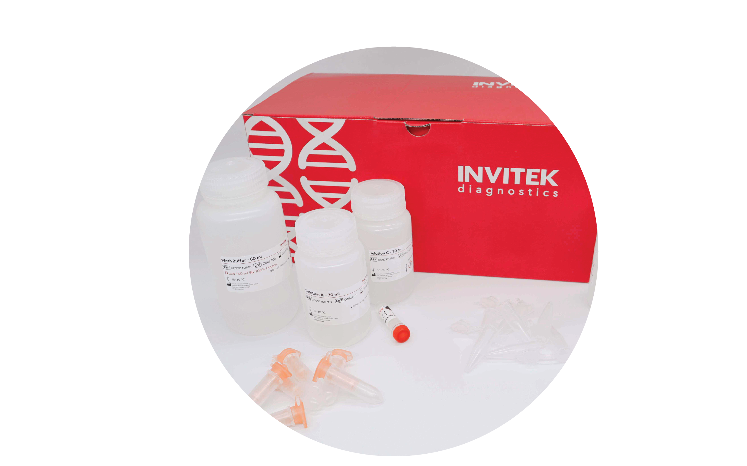 Red Invitek Diagnostics InviSorb Spin Forensic Kit box behind reagent bottles, and orange spin filters with tubes laying scattered in front.