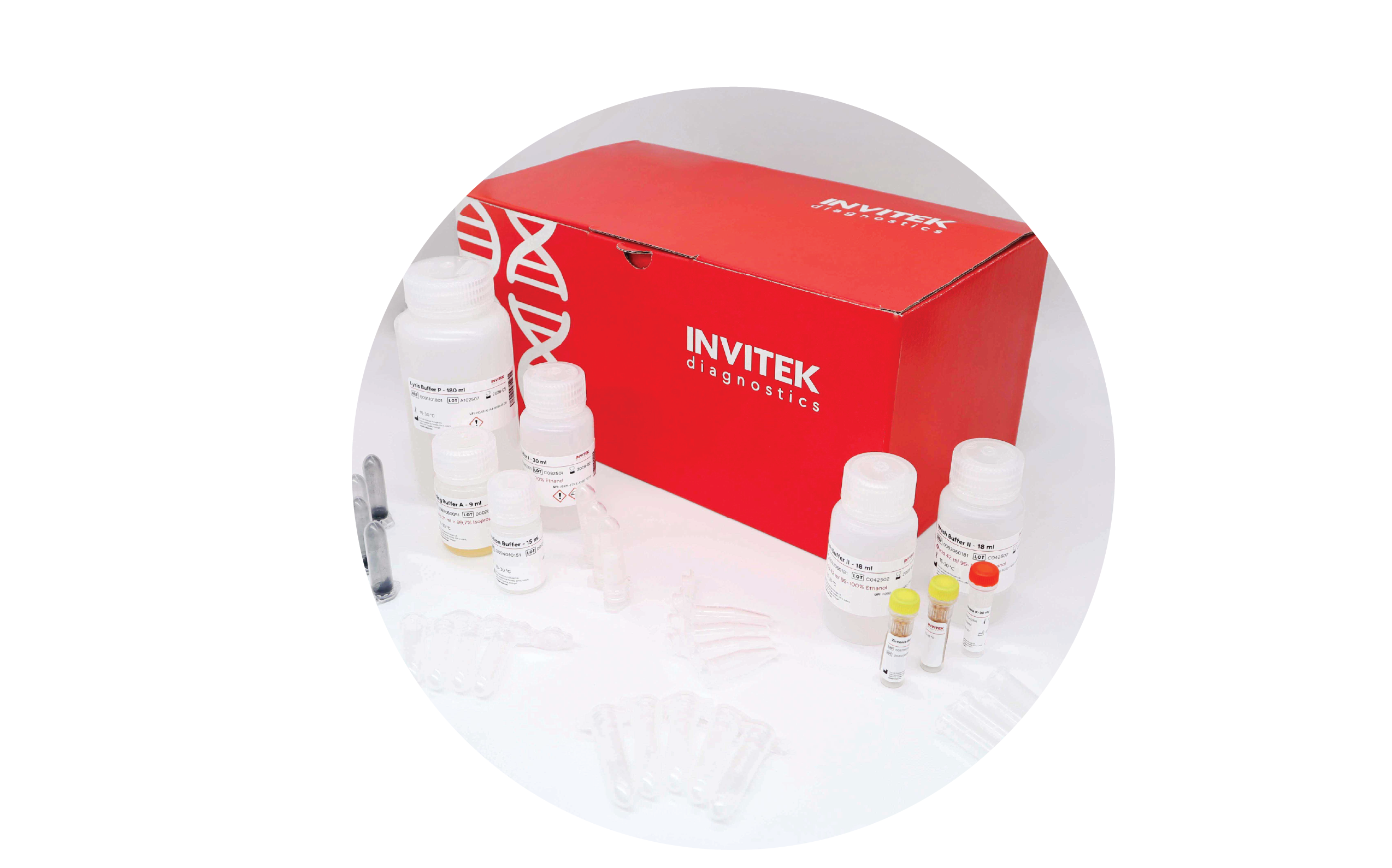 InviSorb Spin Soil Kit parts—buffer bottles, clear tubes, and bead vials—arranged before a red INVITEK box.