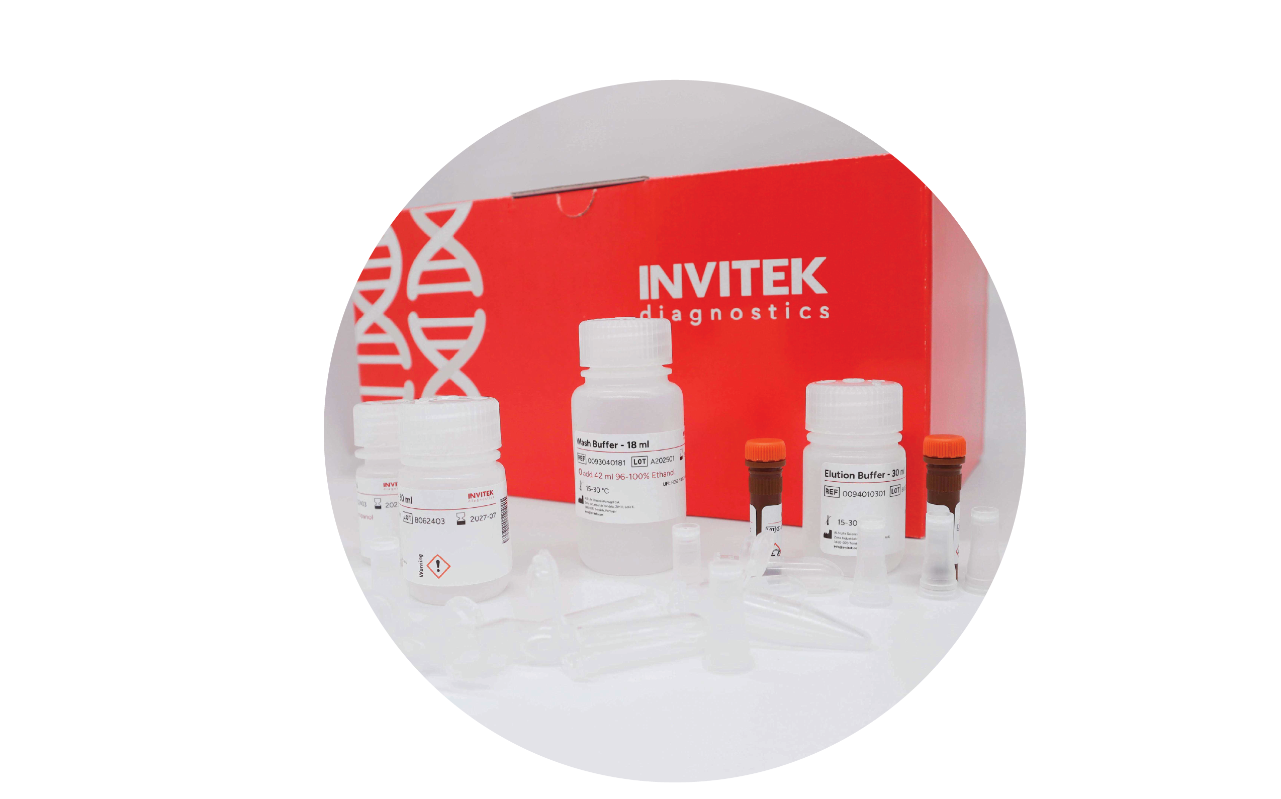 Red Invitek Diagnostics InviSorb Spin Tissue Kit box behind reagent bottles, and brown reagent vials with spin filters, and tubes laying scattered in front.