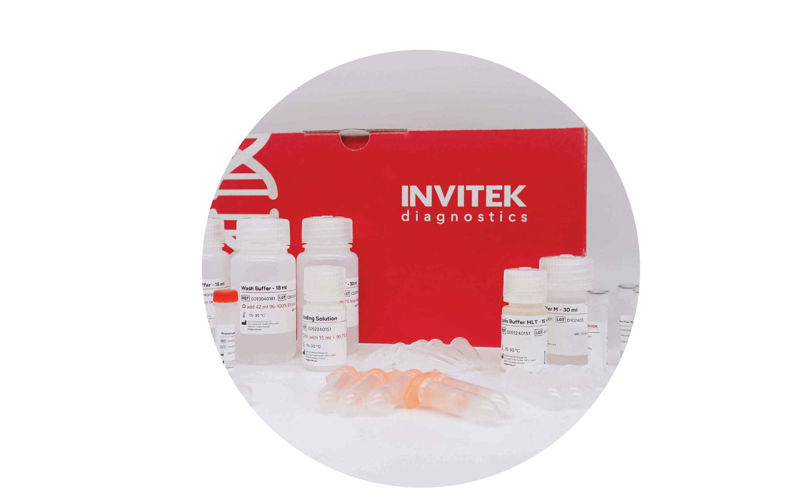 Red Invitek Diagnostics InviSorb Spin Universal Kit box behind reagent bottles, and an orange capped reagent vial with orange spin filters, and tubes laying scattered in front.