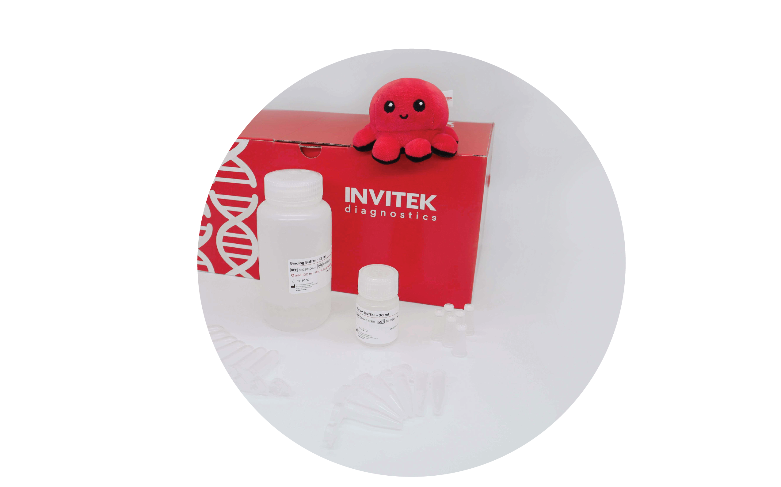 MSB Spin PCRapace kit: red INVITEK diagnostics box topped by plush octopus mascot “Invi,” with a large binding-buffer bottle, small elution-buffer vial, and clear spin columns and tube strips arranged on a white surface.