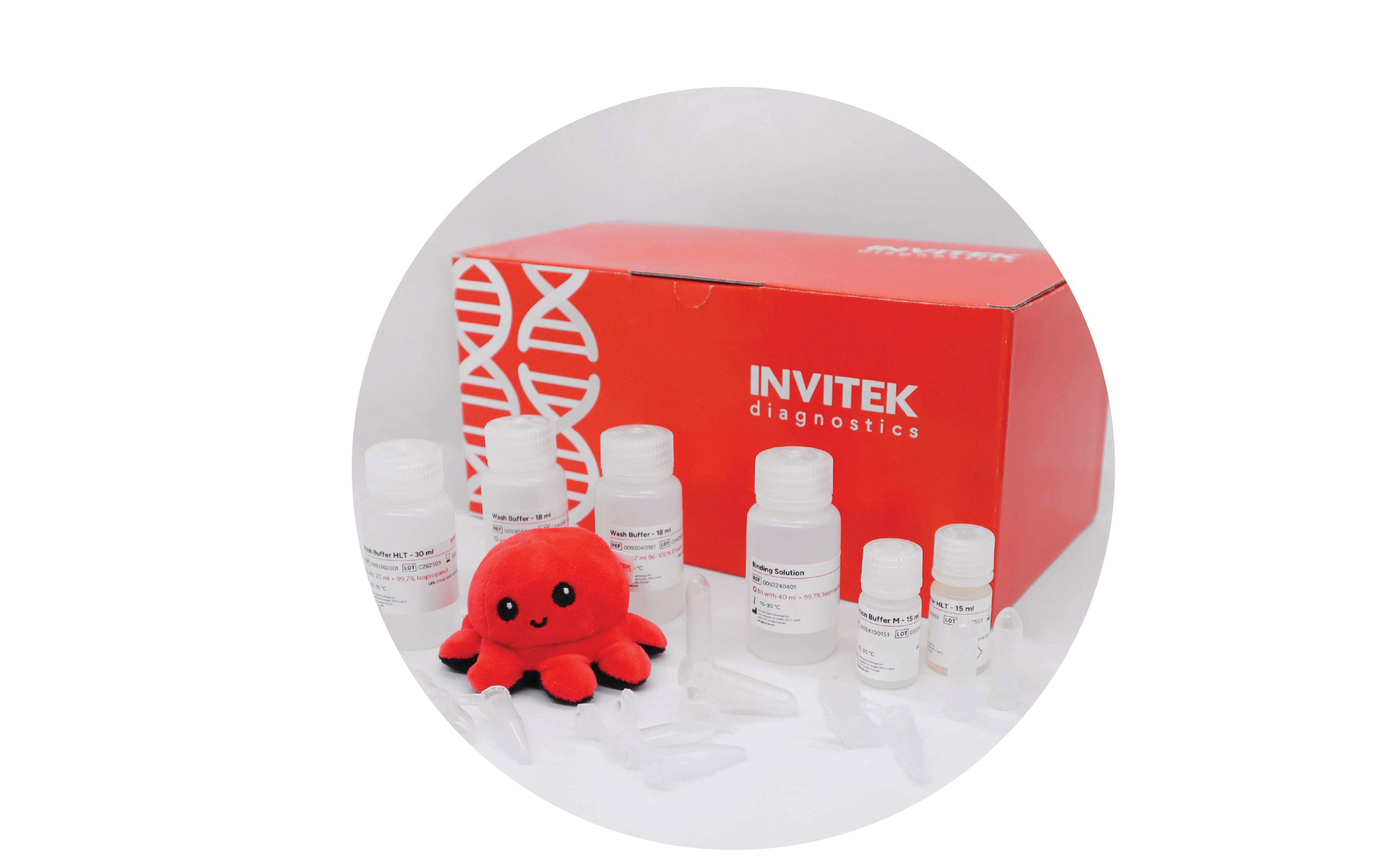 Red Invitek Diagnostics PSP SalivaGene DNA Kit box behind reagent bottles, and tubes laying scattered in front.