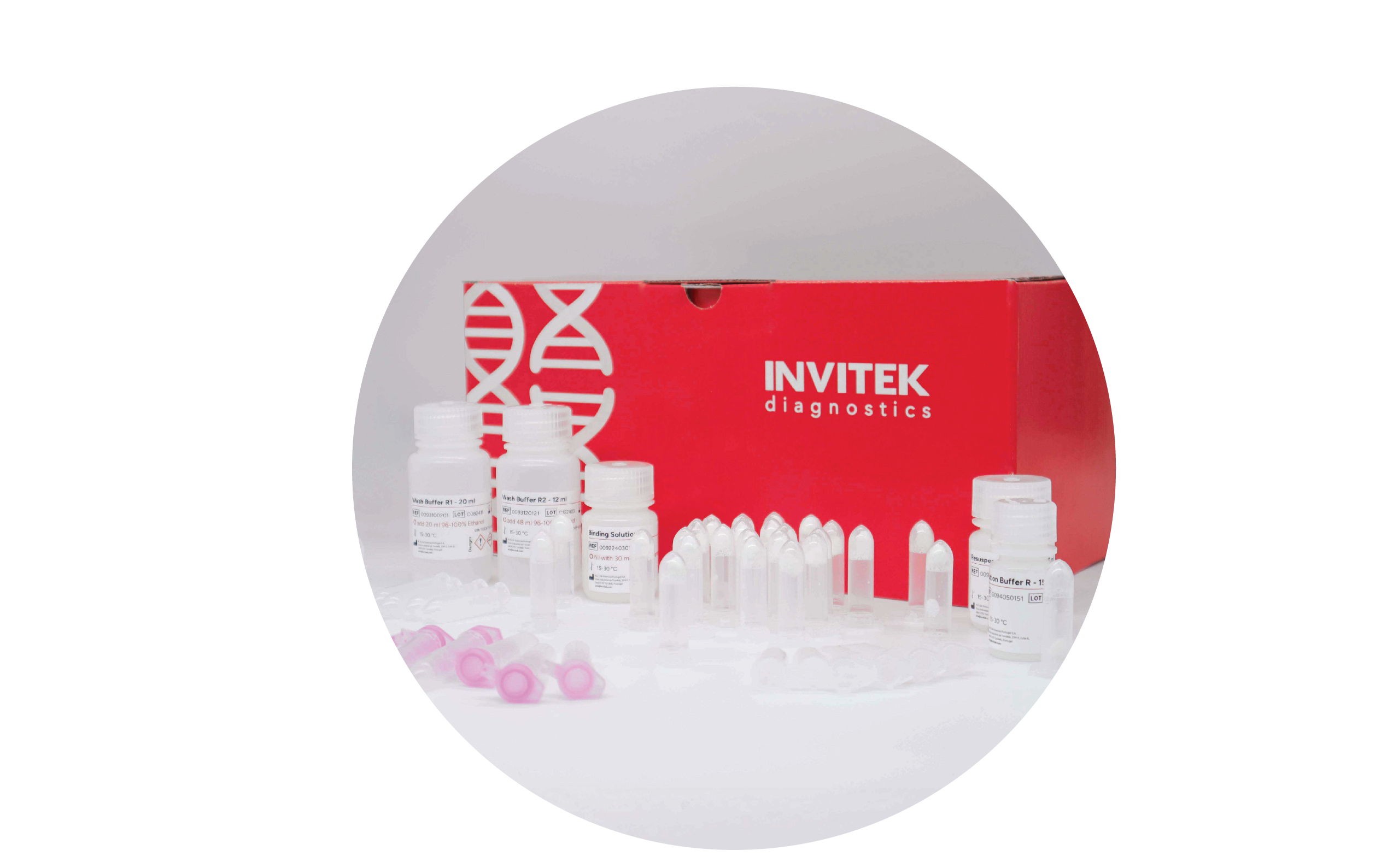 Red Invitek Diagnostics RTP® Pathogen Kit box behind reagent bottles with extraction tubes, purple spin filters, and tubes laying scattered in front.