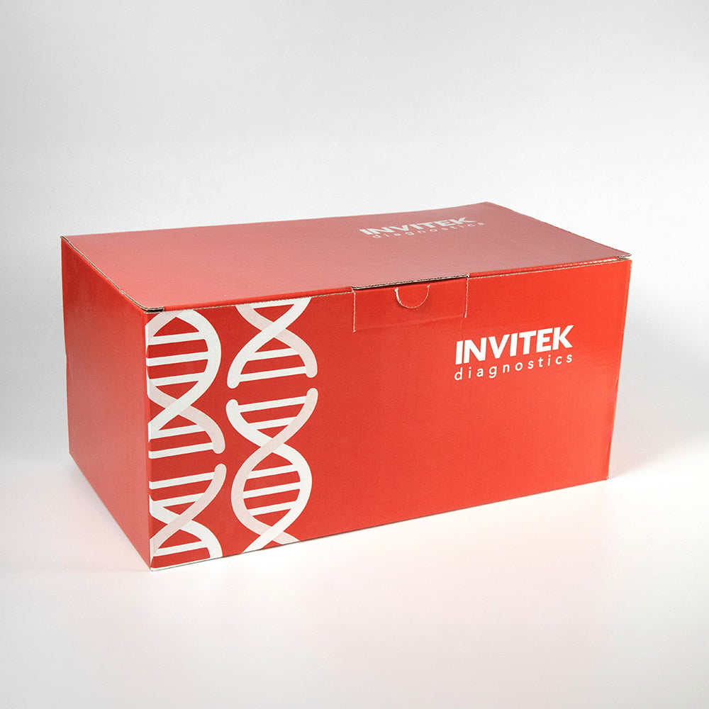 Red Invitek Diagnostics InviSorb Spin Skin DNA Kit box with reagent bottles and orange spin filters in front.