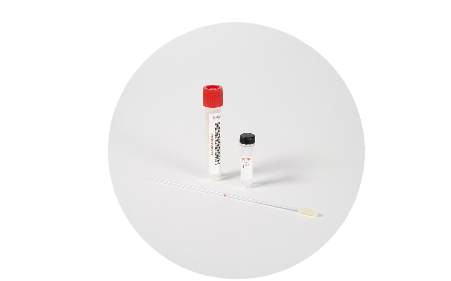 Two small laboratory sample vials on a white background, one larger clear tube with a red cap and barcode label standing upright, and a smaller clear vial with a black cap positioned slightly behind it, both casting soft shadows.