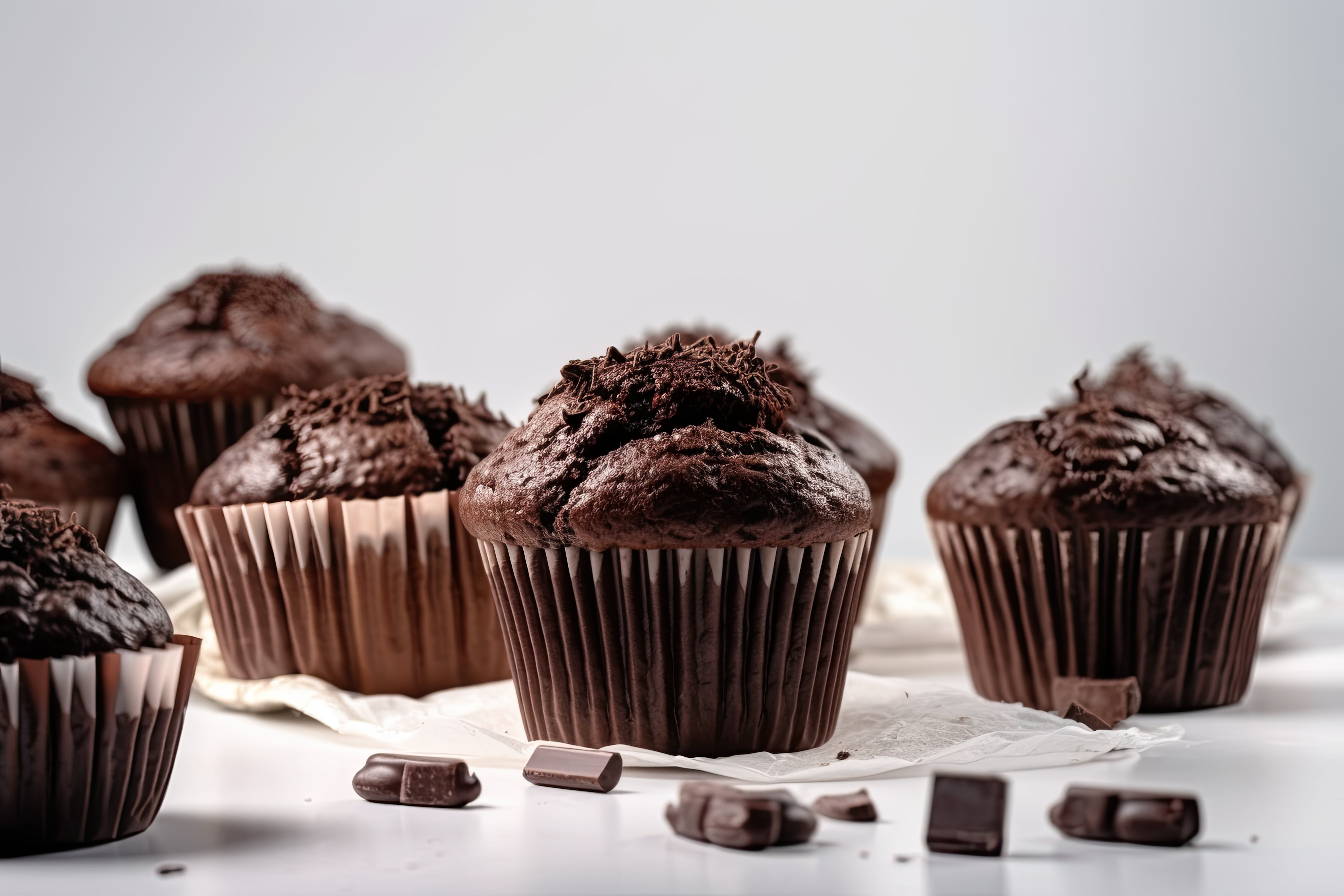Several chocolate muffins on a white surface, with pieces of chocolate scattered around.