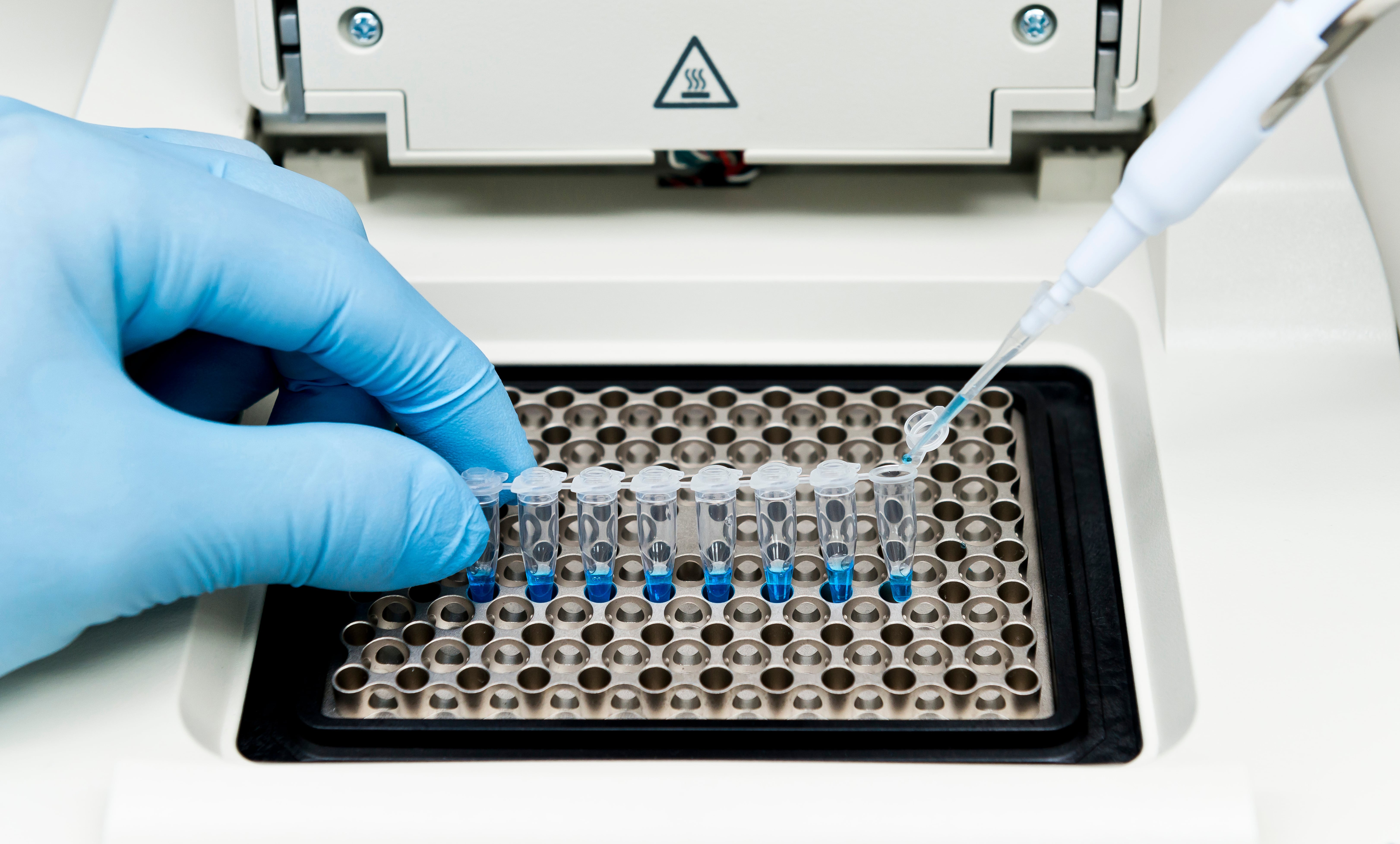 Close-up of a gloved hand handling a strip of small test tubes in a laboratory machine, while using a pipette to add liquid samples.