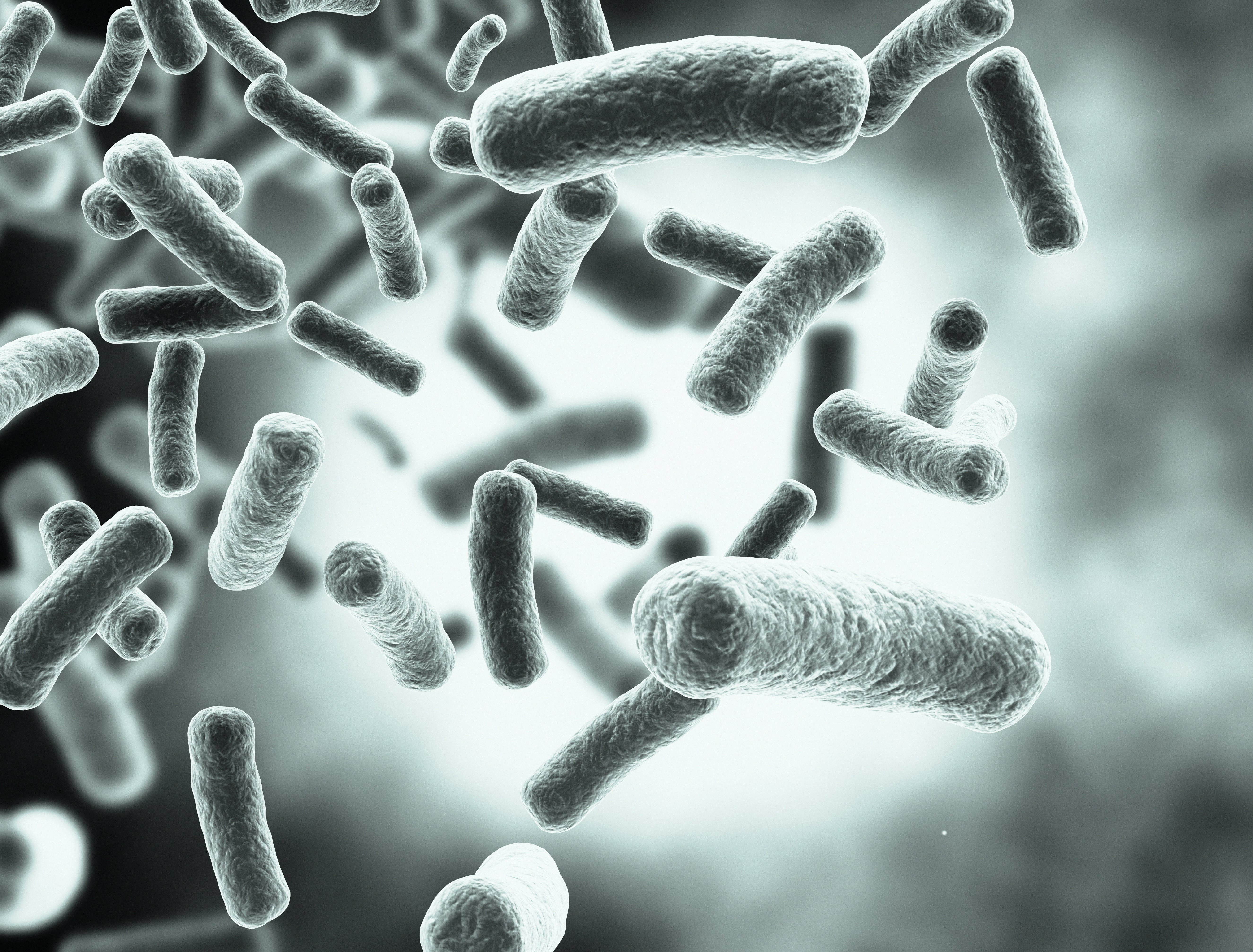 Microscopic illustration of rod-shaped bacteria floating in an abstract environment, showing detailed microorganisms.