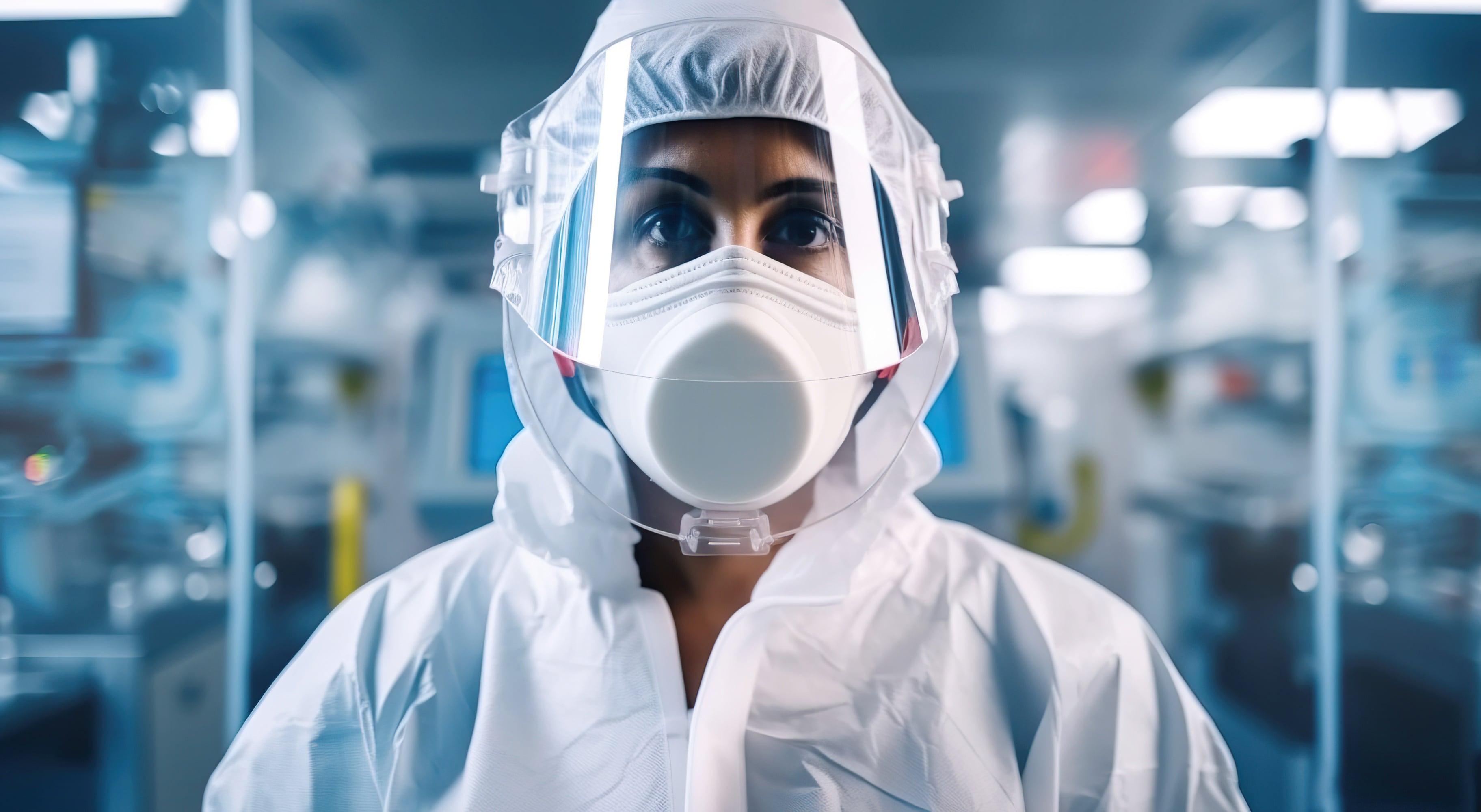 Person wearing full-body protective suit and face shield inside a laboratory environment, representing high-level biosecurity measures.