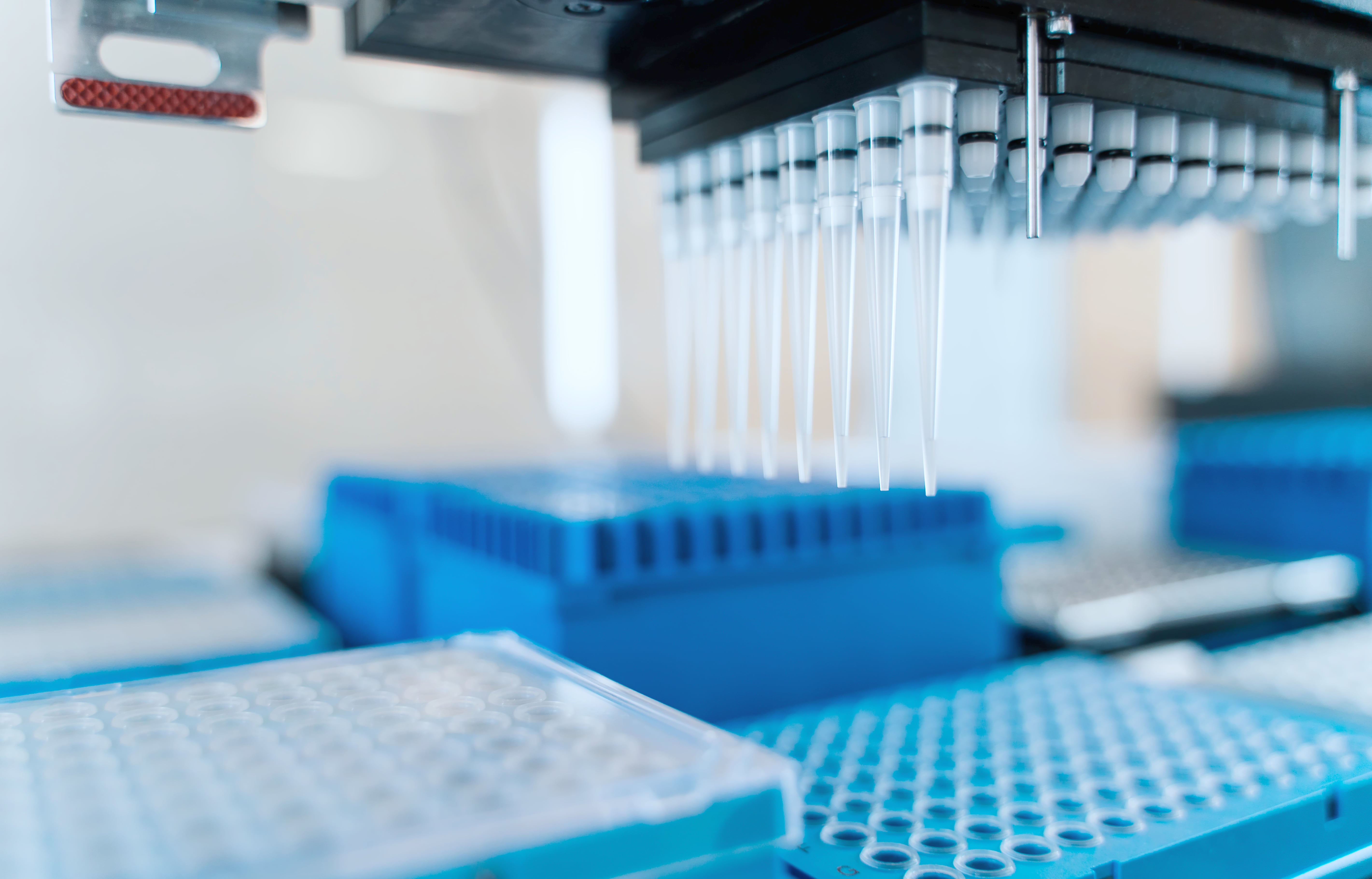 Automated laboratory system with multiple pipette tips dispensing onto blue plates for sample analysis.