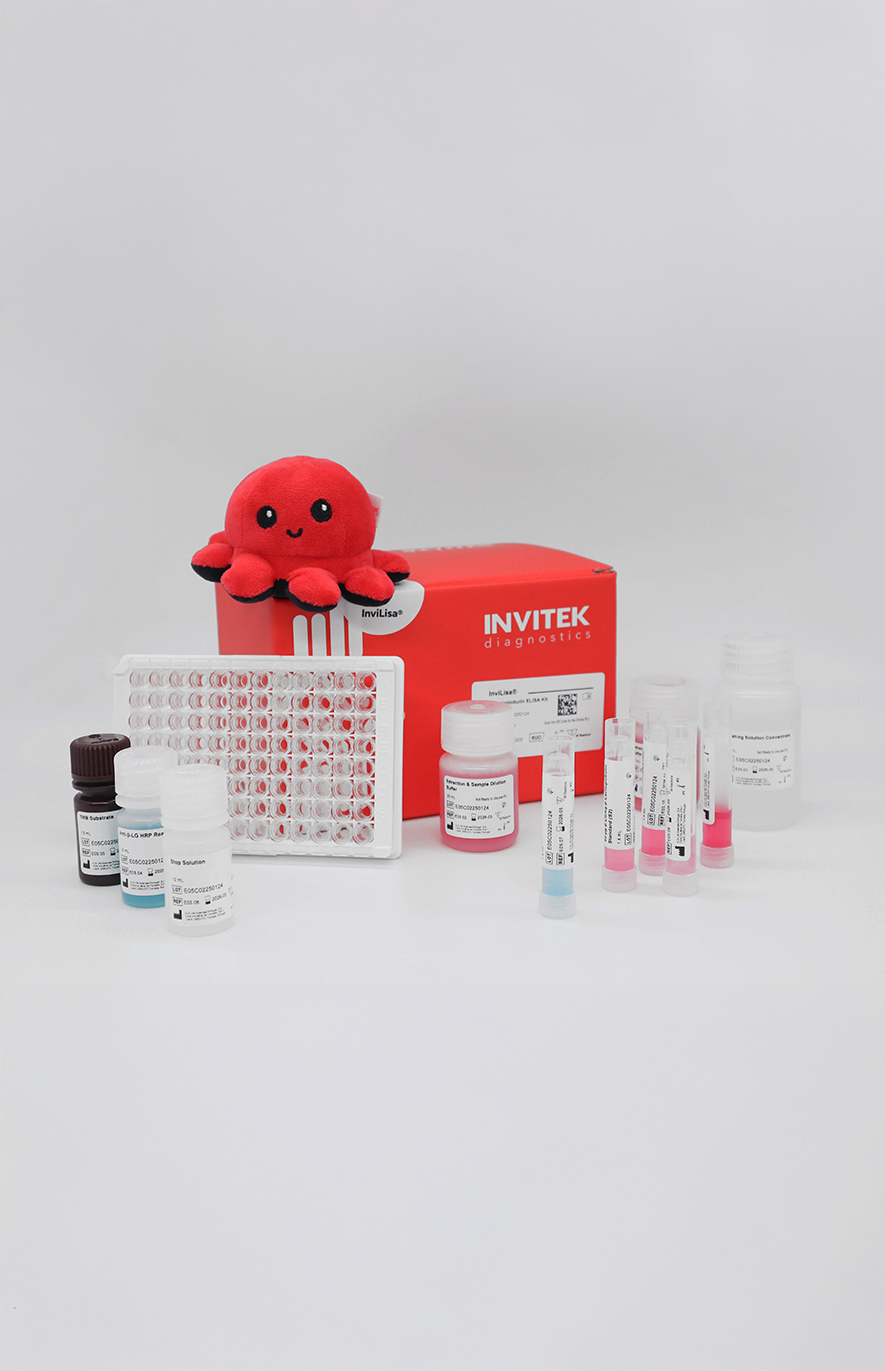 Red Invitek Diagnostics InviLisa Kit box behind reagent bottles and an antibody-coated 96-well plate with reagent vials laying in front.