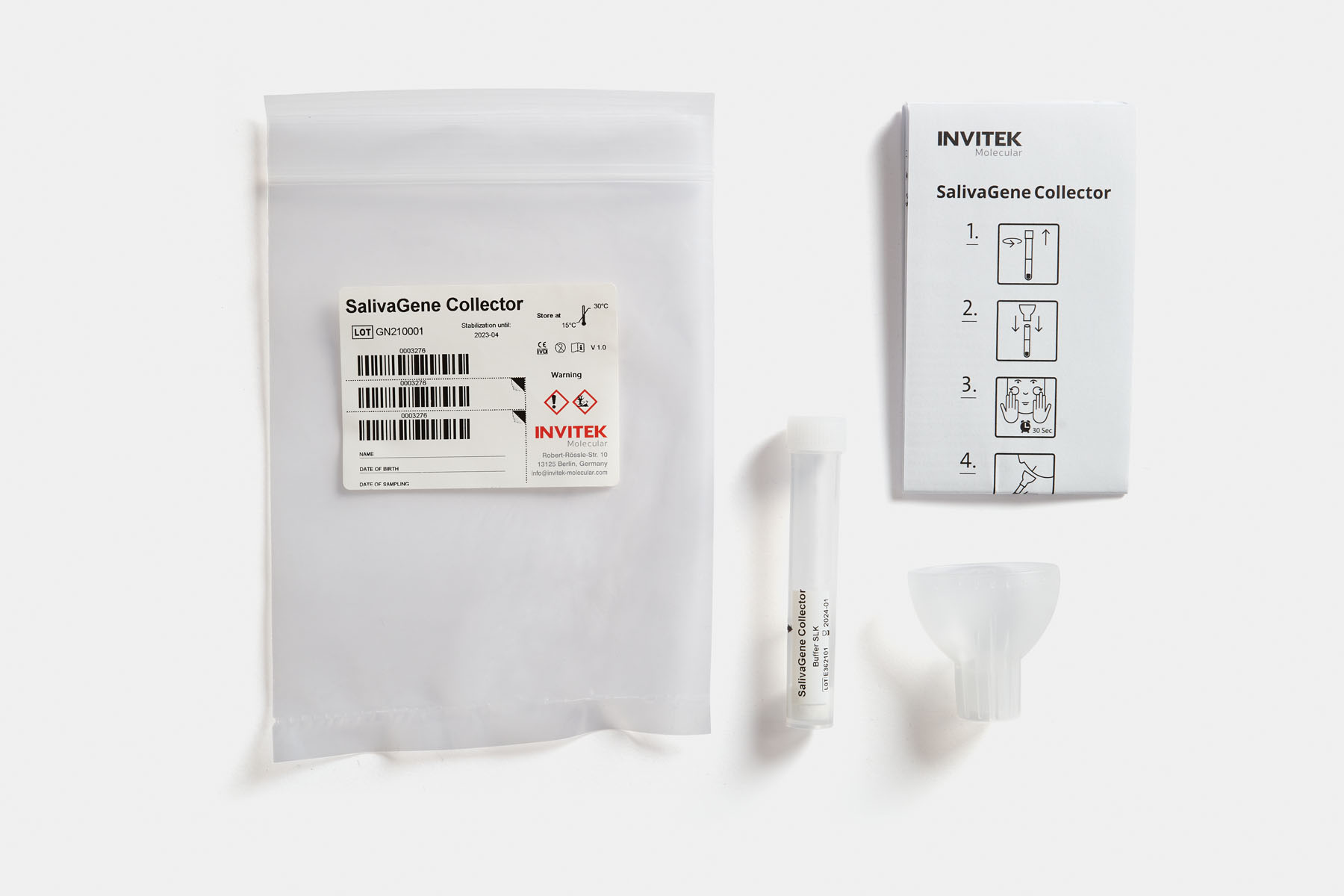 Saliva collection kit for laboratory testing, including a labeled plastic bag, a white instruction card, a funnel, and a sample tube, arranged on a white background.