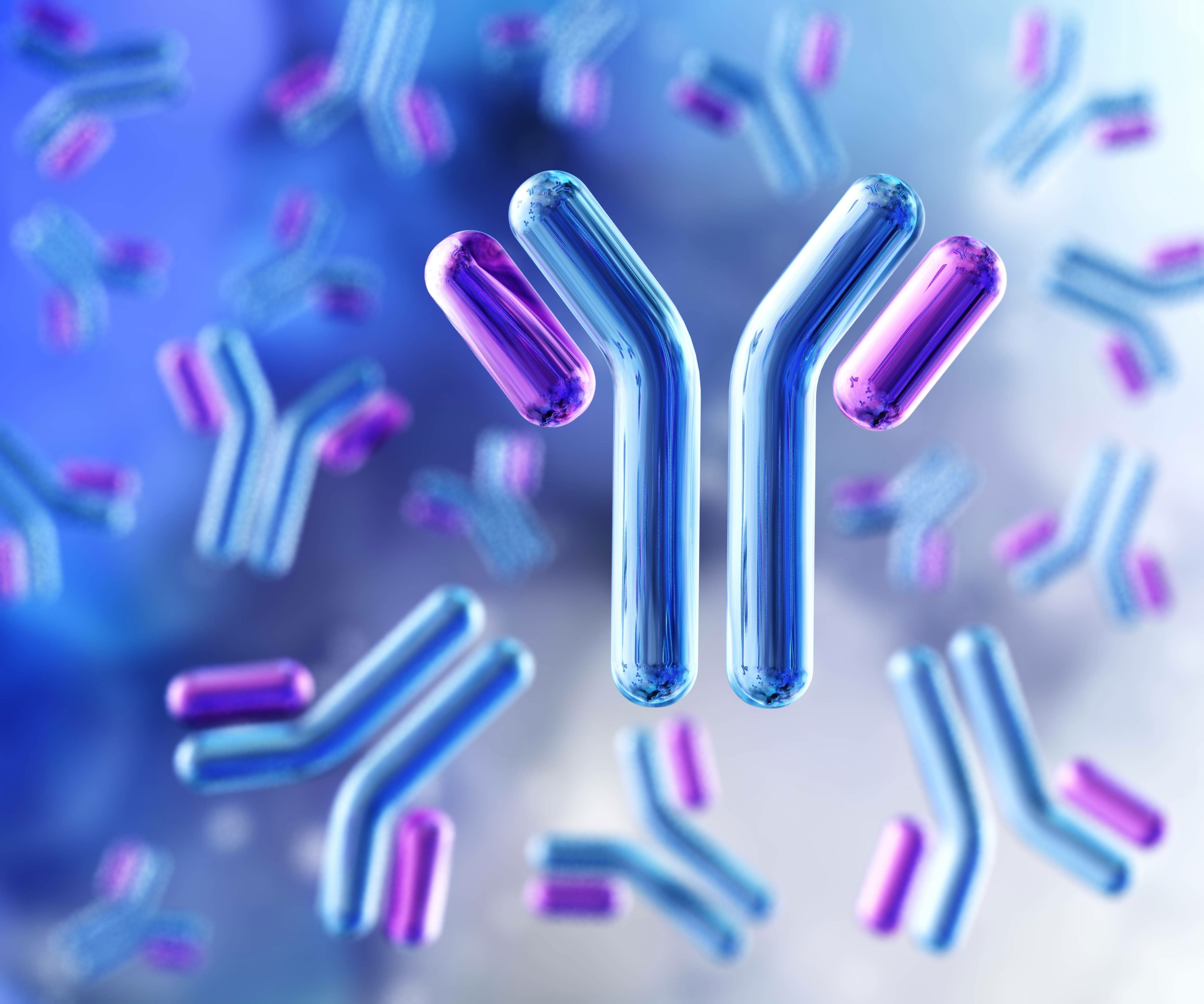 3D rendering of antibodies and immunoglobulins with a scientific banner background