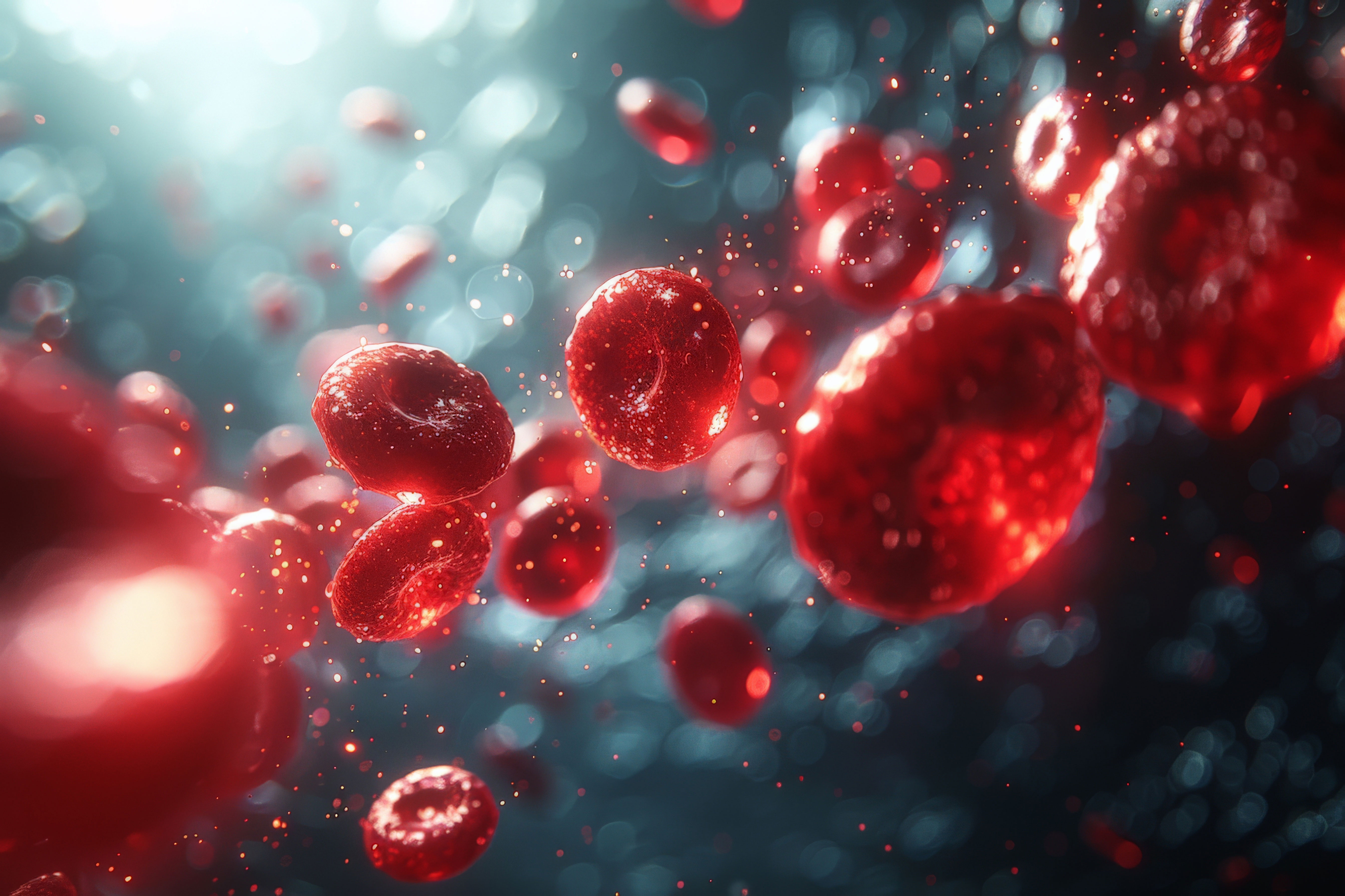 Macro shot of red blood cells flowing in the bloodstream, showing detailed movement and glowing highlights