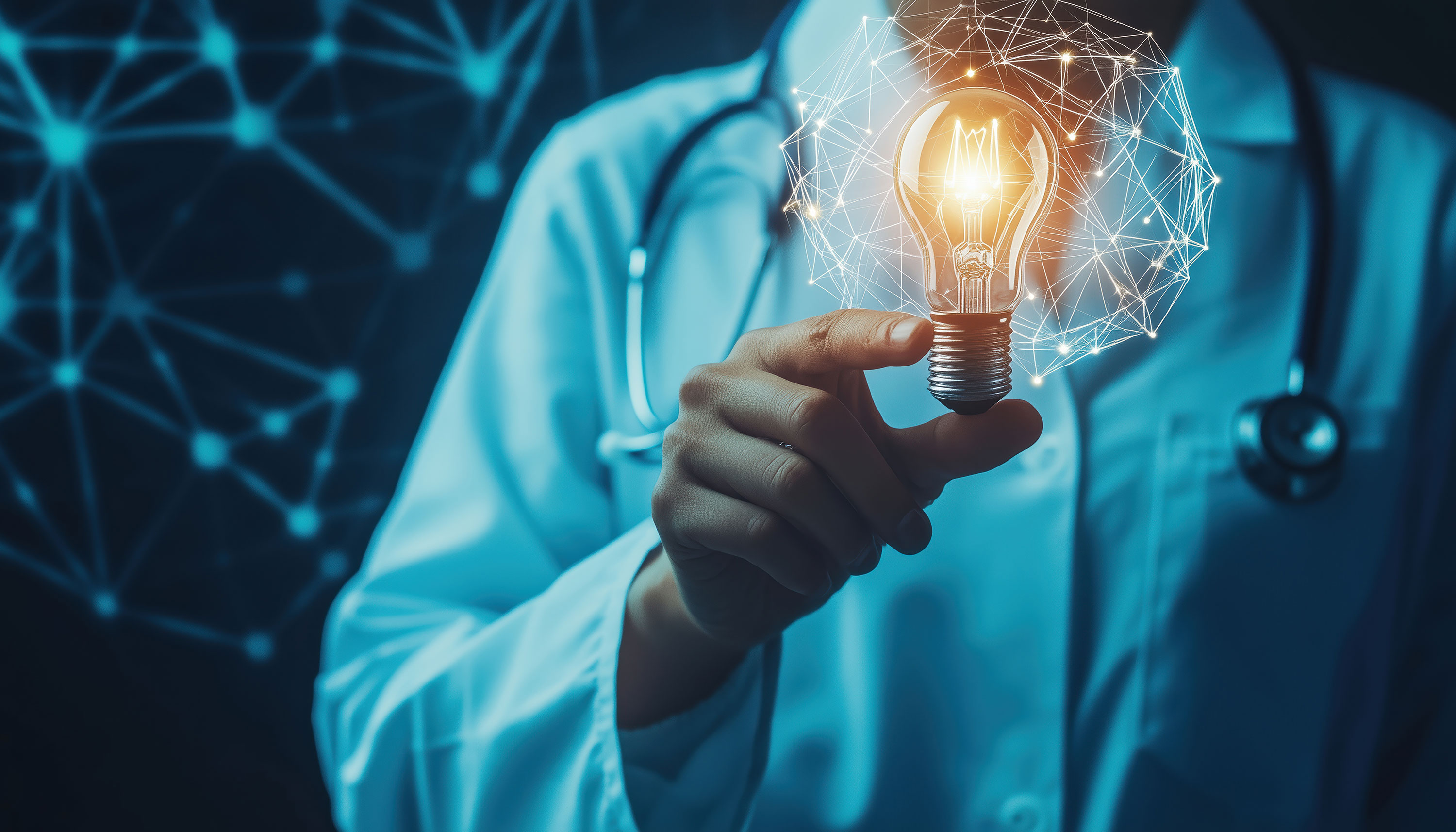 Scientist pushing virtual light bulb