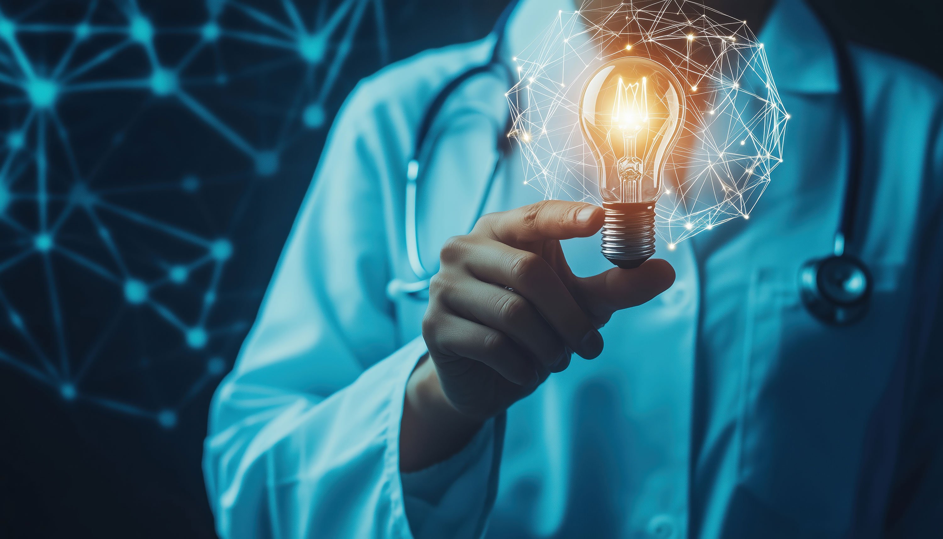 Scientist pushing virtual light bulb