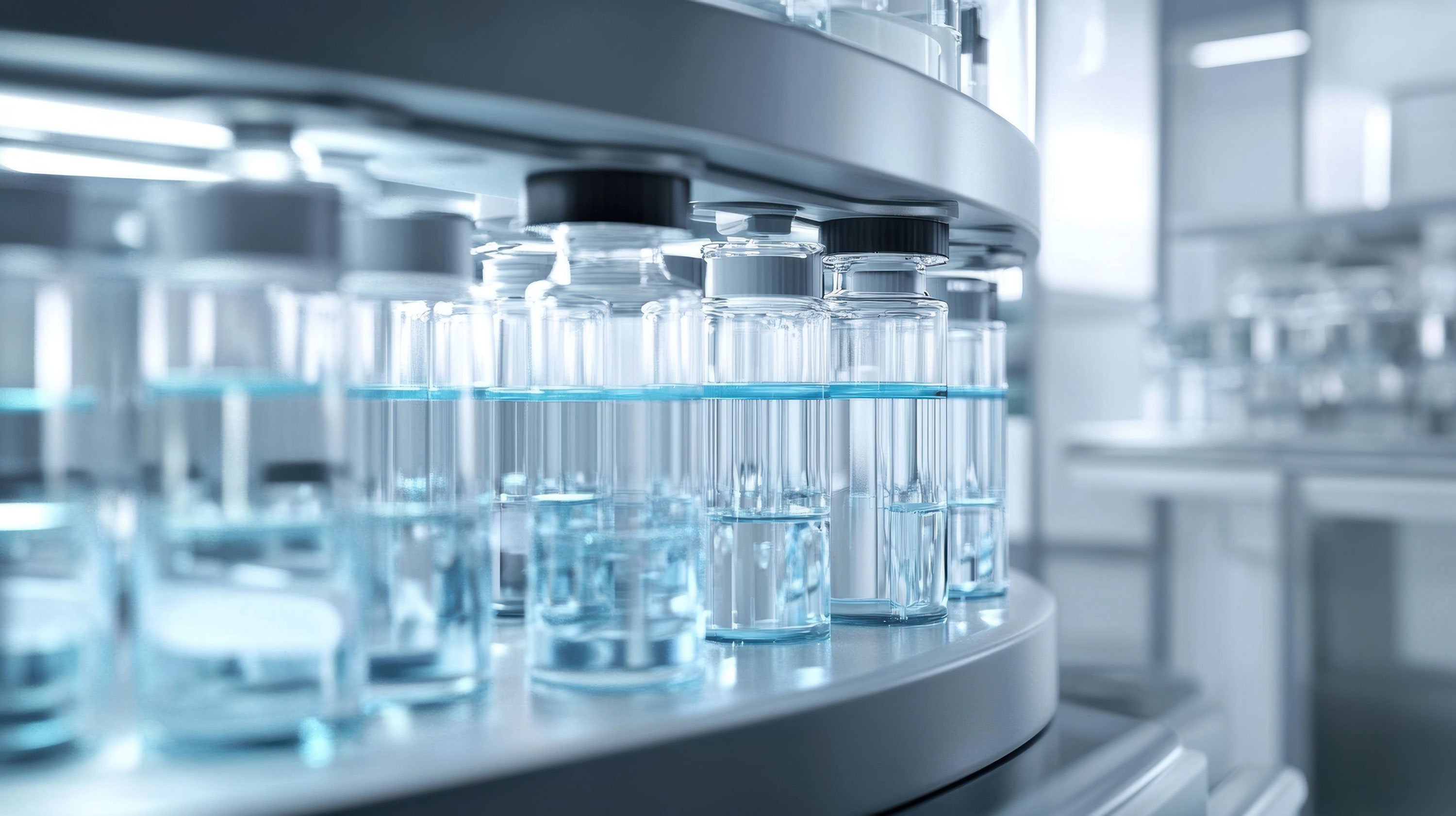 A medium closeup of the reservoir sections containing various solvents clearly labeled and arranged in a sterile environment