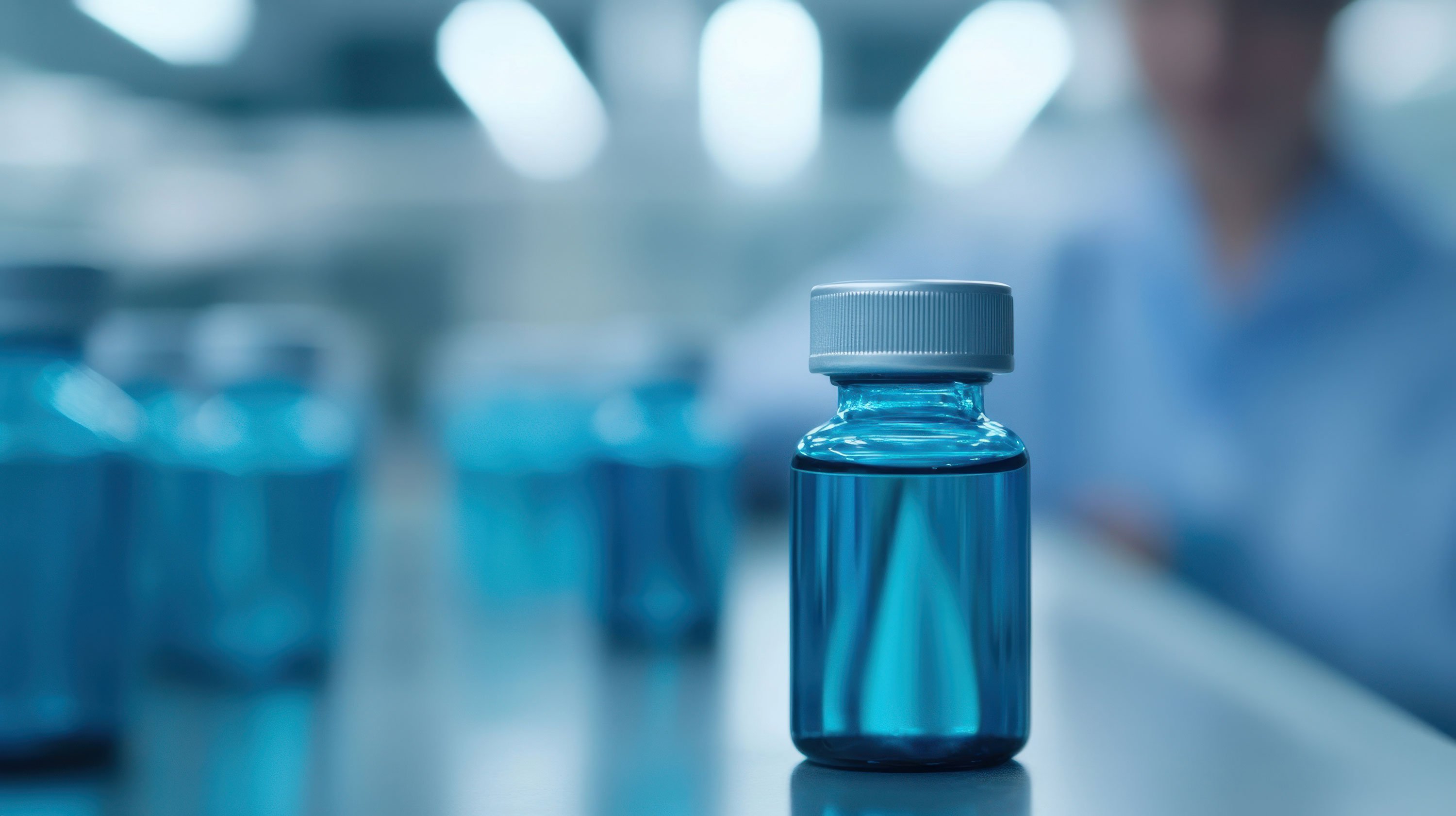 A close-up of a blue glass vial on a lab table, with blurred background elements suggesting a scientific or pharmaceutical setting