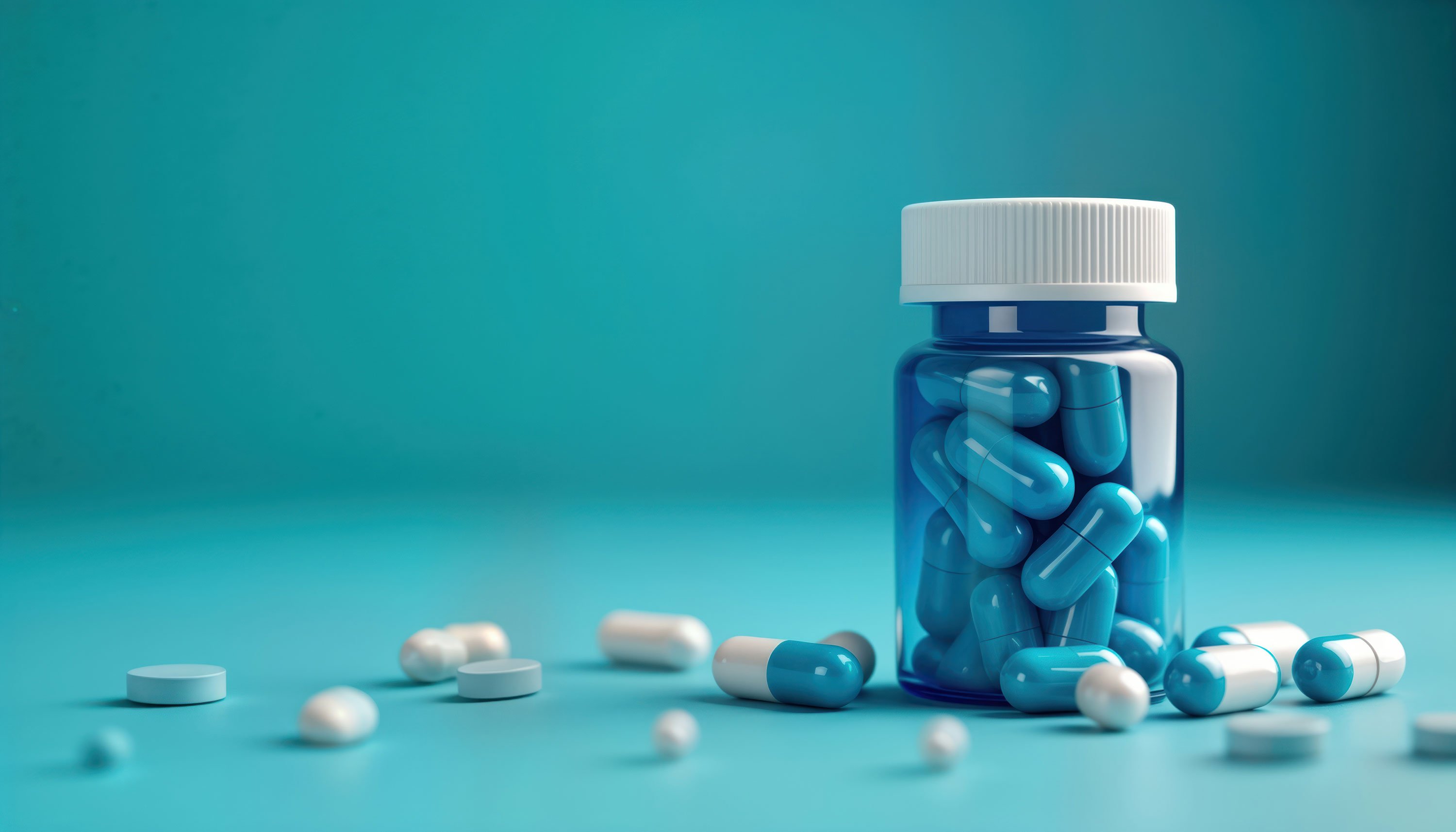 Blue pill bottle with white lid full of blue, white pills