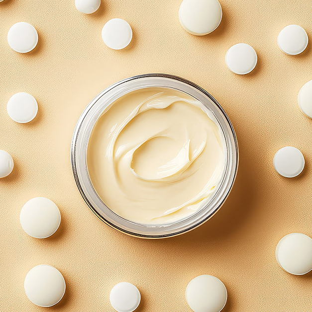 Cosmetic cream spread in glass jar on beige background with scattered white pills