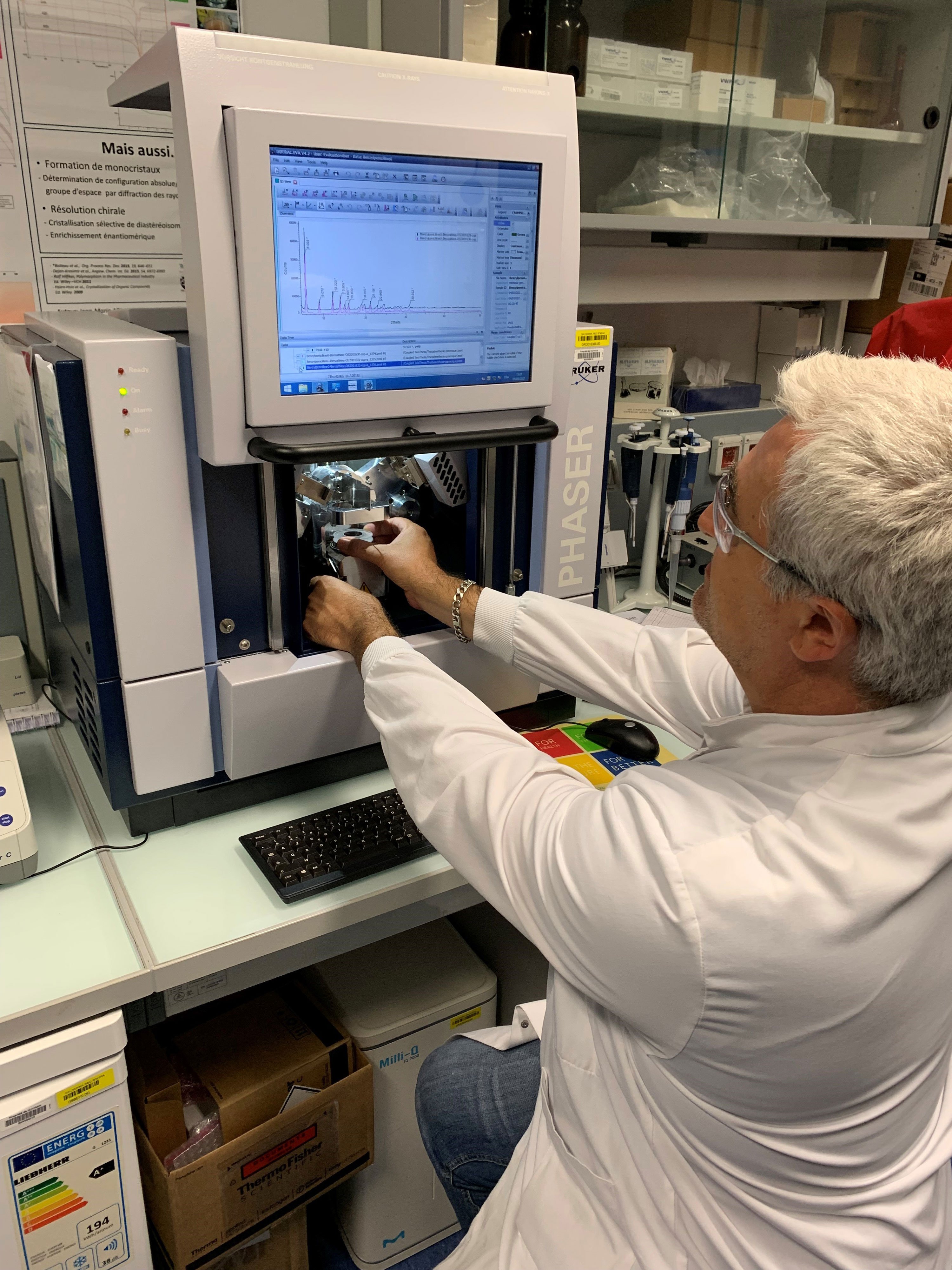 Lab technician is handling a product in the XRPD apparatus