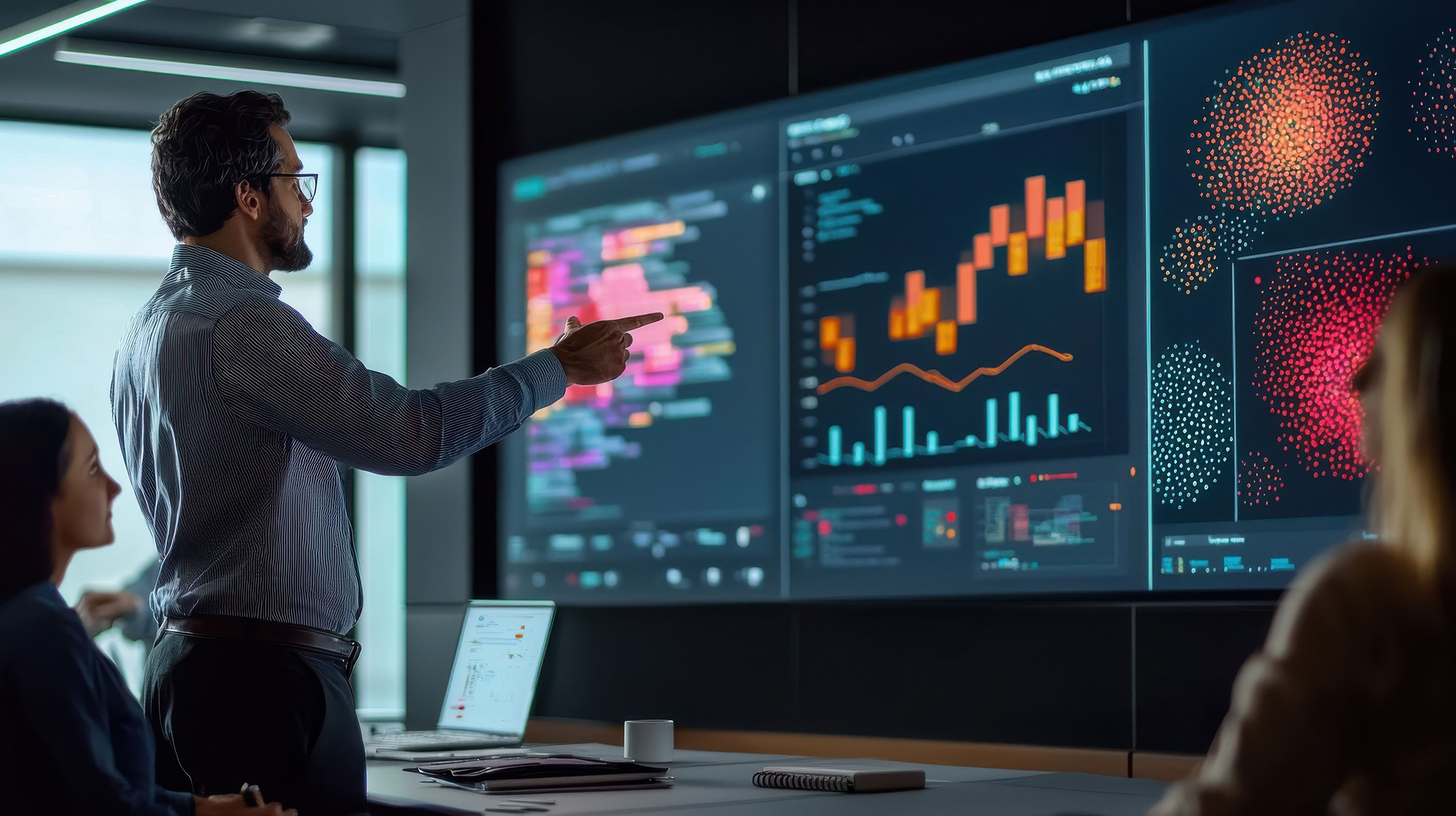 A data scientist presenting findings on a large screen
