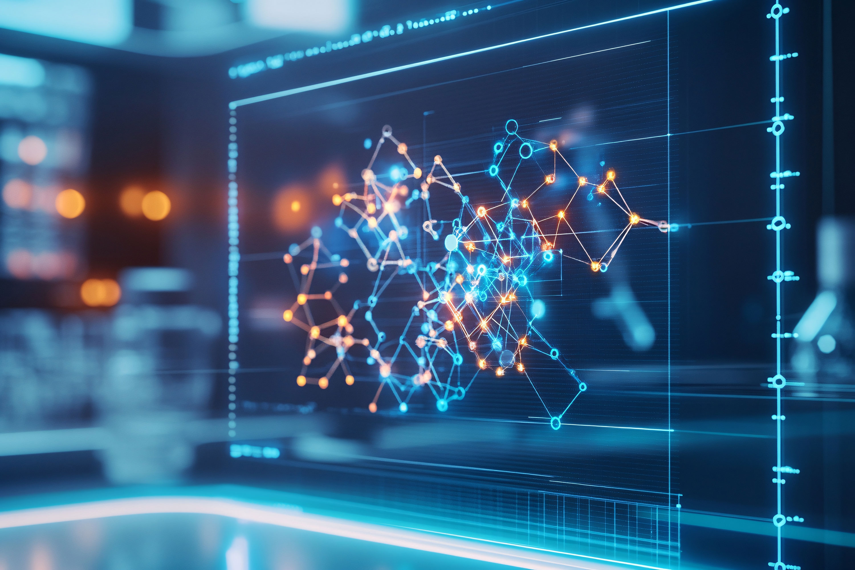 AI-driven drug discovery with molecular models displayed on digital screens in a lab environment